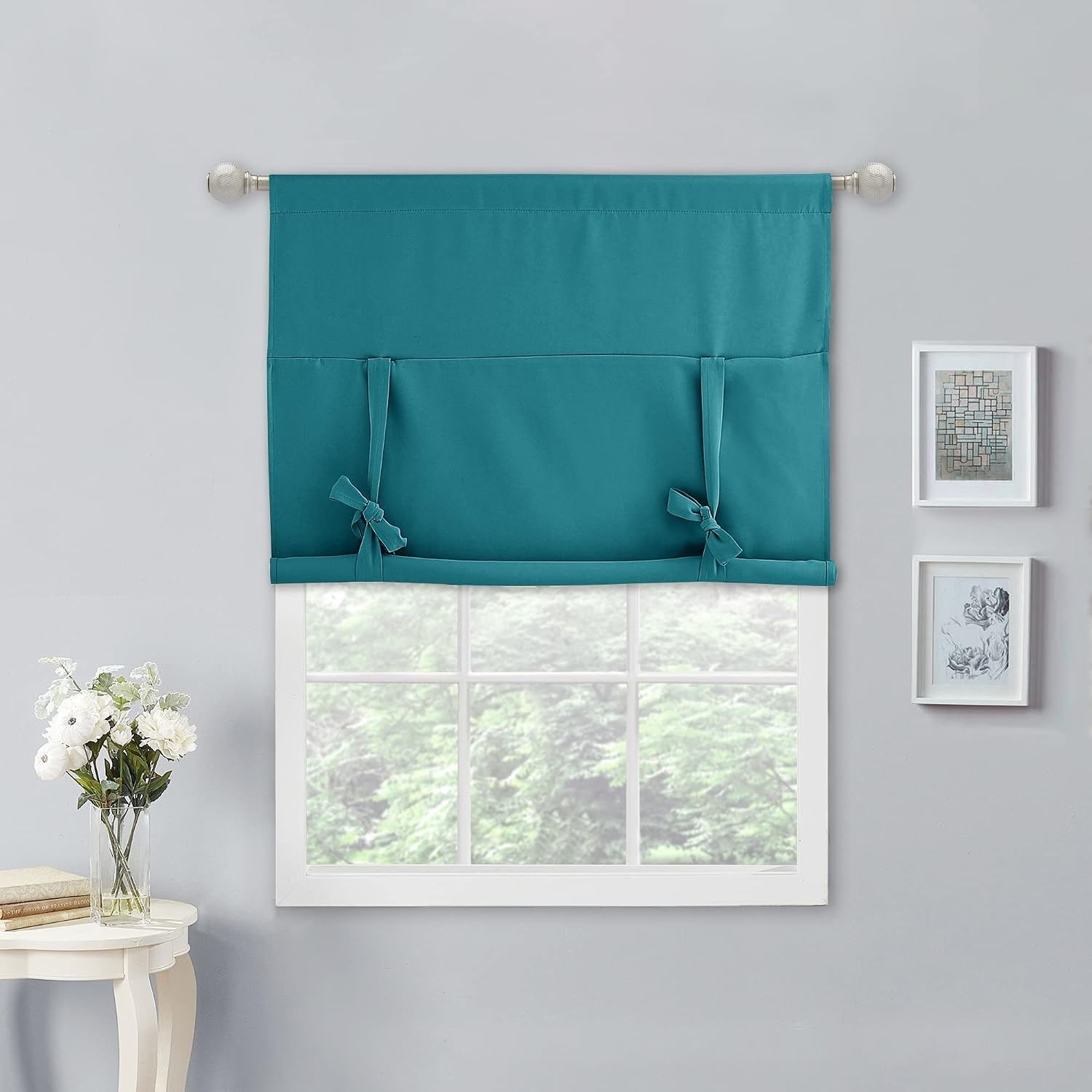 image:imageNICETOWN Thermal Insulated Blackout Short Curtain Bathroom Curtain Gray Tie Up Shade for Small Window Window Valance Balloon Roman Blind Rod Pocket Panel 46 inches W x 63 inches LPeacock Teal