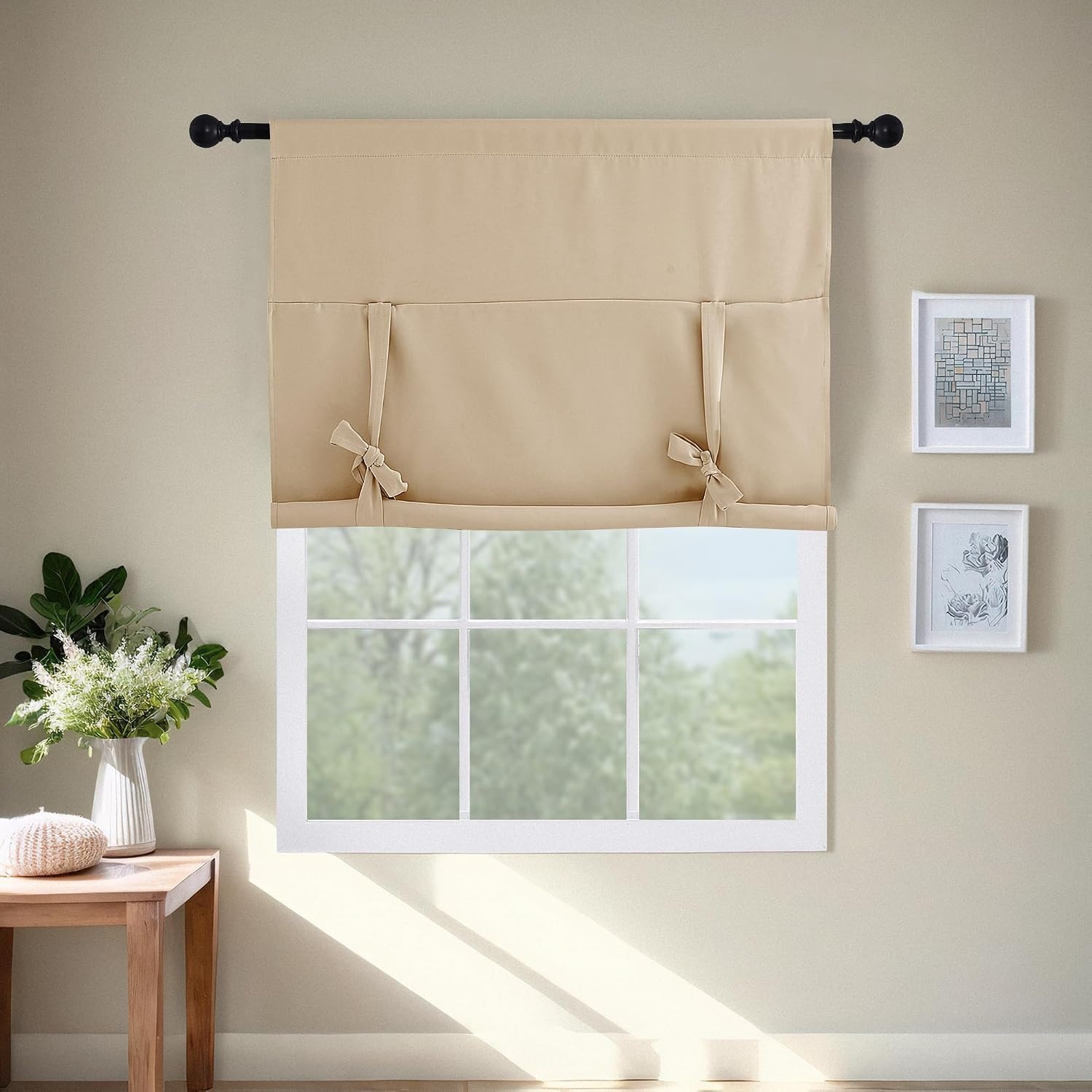 image:imageNICETOWN Thermal Insulated Blackout Short Curtain Bathroom Curtain Gray Tie Up Shade for Small Window Window Valance Balloon Roman Blind Rod Pocket Panel 46 inches W x 63 inches LBiscotti Beige