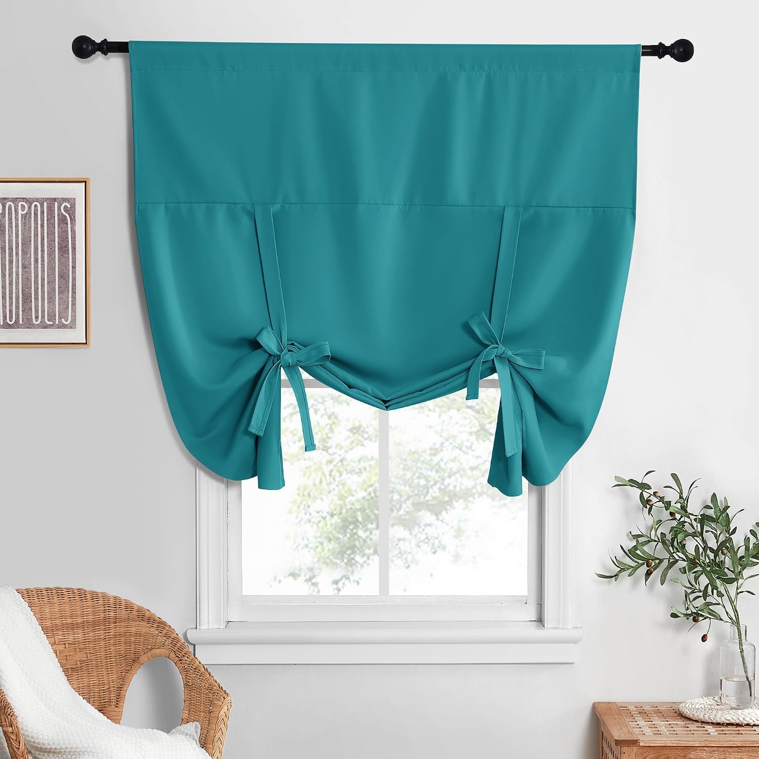 image:imageNICETOWN Thermal Insulated Blackout Short Curtain Bathroom Curtain Gray Tie Up Shade for Small Window Window Valance Balloon Roman Blind Rod Pocket Panel 46 inches W x 63 inches LPeacock Teal