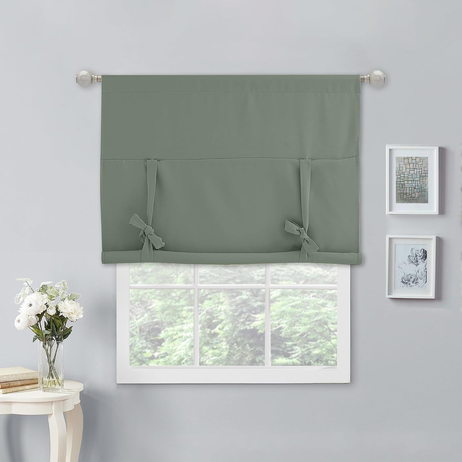 image:imageNICETOWN Thermal Insulated Blackout Short Curtain Bathroom Curtain Gray Tie Up Shade for Small Window Window Valance Balloon Roman Blind Rod Pocket Panel 46 inches W x 63 inches LGreyish Green