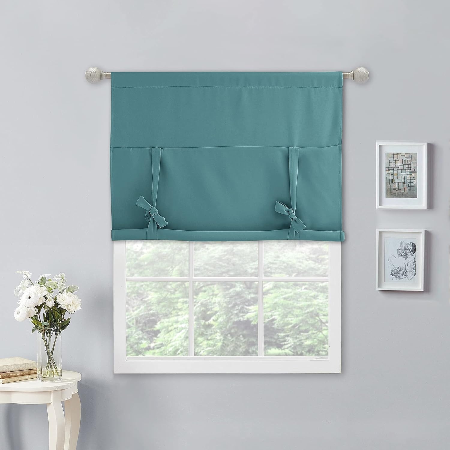 image:imageNICETOWN Thermal Insulated Blackout Short Curtain Bathroom Curtain Gray Tie Up Shade for Small Window Window Valance Balloon Roman Blind Rod Pocket Panel 46 inches W x 63 inches LSea Teal