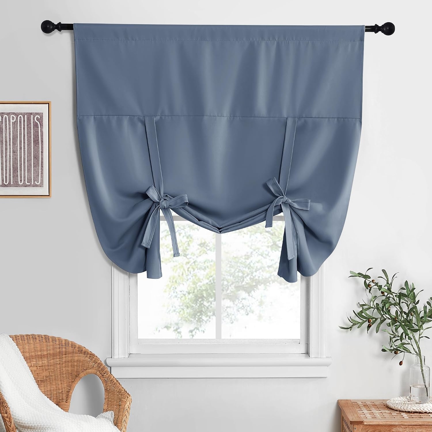 image:imageNICETOWN Thermal Insulated Blackout Short Curtain Bathroom Curtain Gray Tie Up Shade for Small Window Window Valance Balloon Roman Blind Rod Pocket Panel 46 inches W x 63 inches LStone Blue