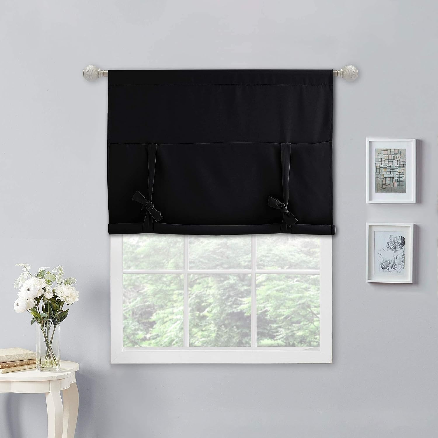 image:imageNICETOWN Thermal Insulated Blackout Short Curtain Bathroom Curtain Gray Tie Up Shade for Small Window Window Valance Balloon Roman Blind Rod Pocket Panel 46 inches W x 63 inches LBlack