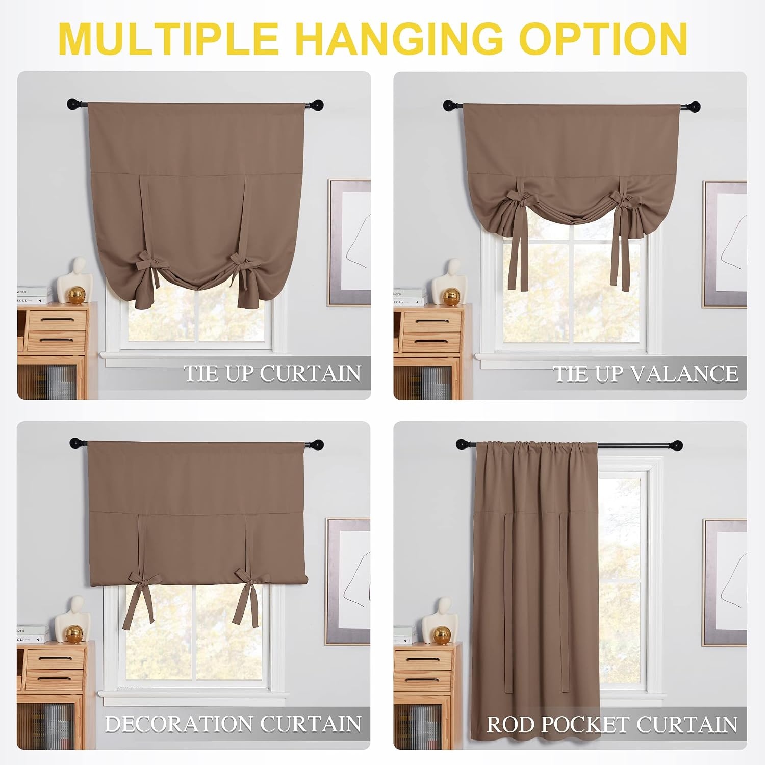 image:imageNICETOWN Thermal Insulated Blackout Short Curtain Bathroom Curtain Gray Tie Up Shade for Small Window Window Valance Balloon Roman Blind Rod Pocket Panel 46 inches W x 63 inches LCappuccino