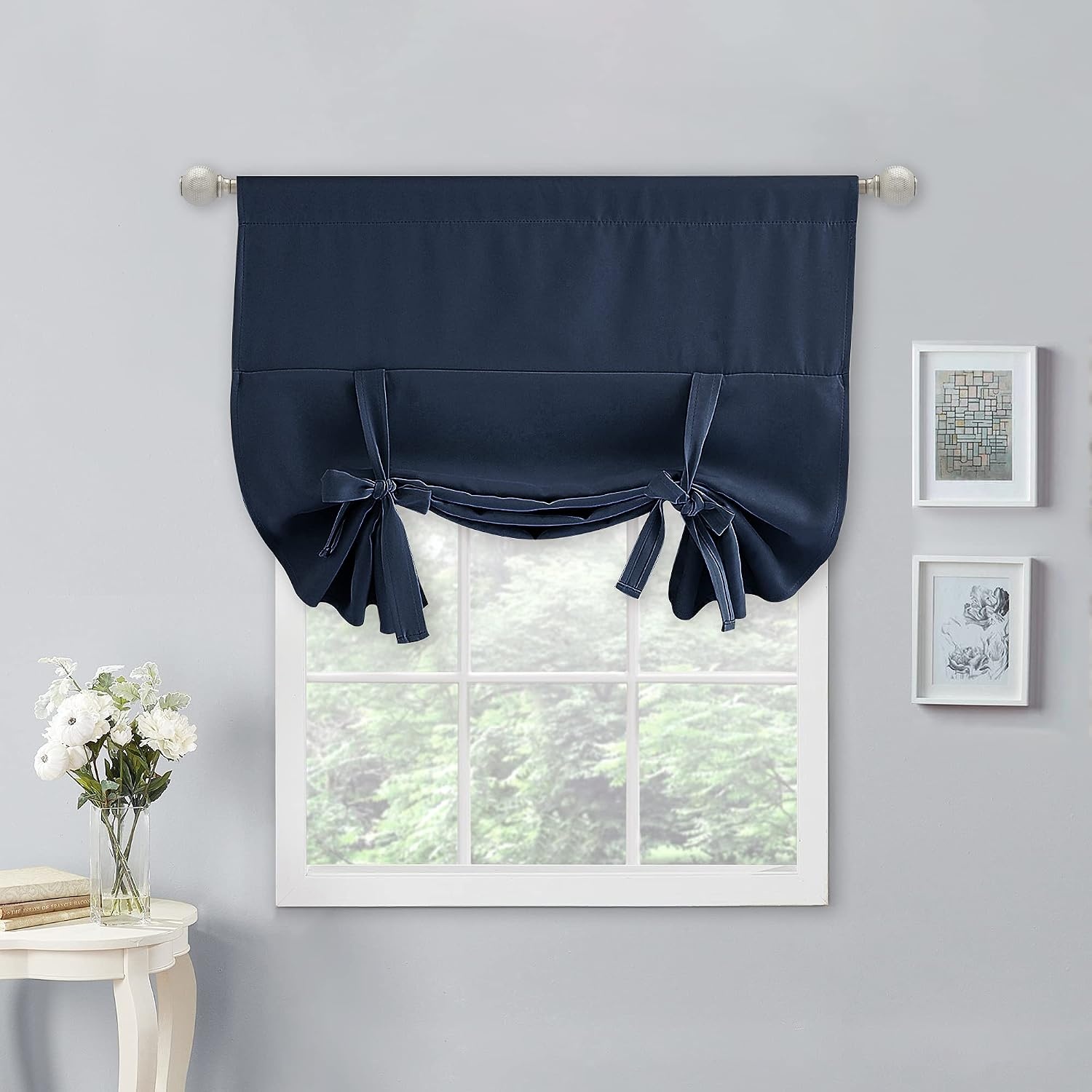 image:imageNICETOWN Thermal Insulated Blackout Short Curtain Bathroom Curtain Gray Tie Up Shade for Small Window Window Valance Balloon Roman Blind Rod Pocket Panel 46 inches W x 63 inches LNavy Blue