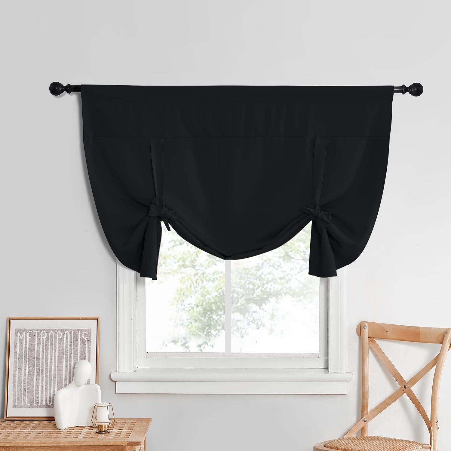 image:imageNICETOWN Thermal Insulated Blackout Short Curtain Bathroom Curtain Gray Tie Up Shade for Small Window Window Valance Balloon Roman Blind Rod Pocket Panel 46 inches W x 63 inches LBlack