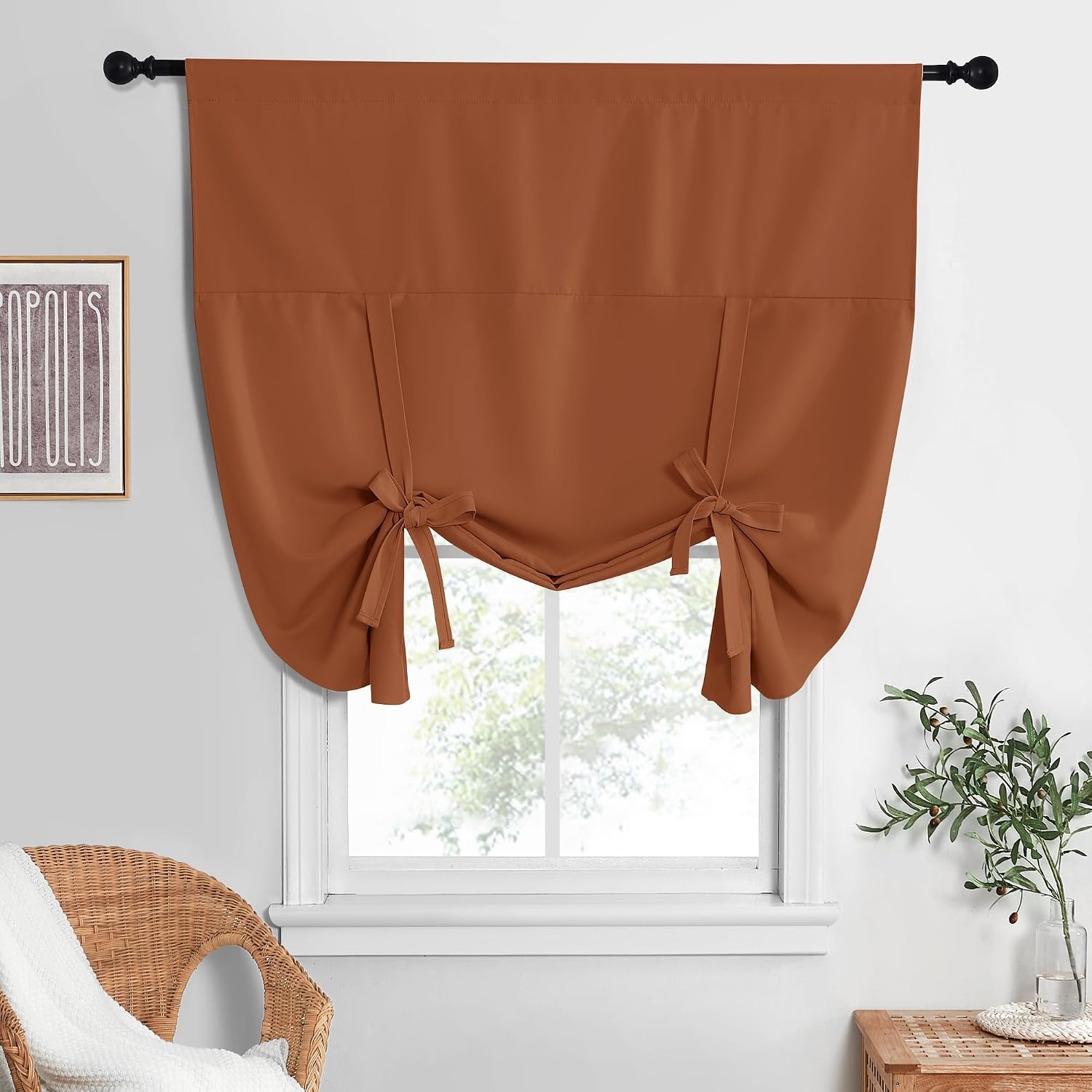 image:imageNICETOWN Thermal Insulated Blackout Short Curtain Bathroom Curtain Gray Tie Up Shade for Small Window Window Valance Balloon Roman Blind Rod Pocket Panel 46 inches W x 63 inches LBurnt Orange