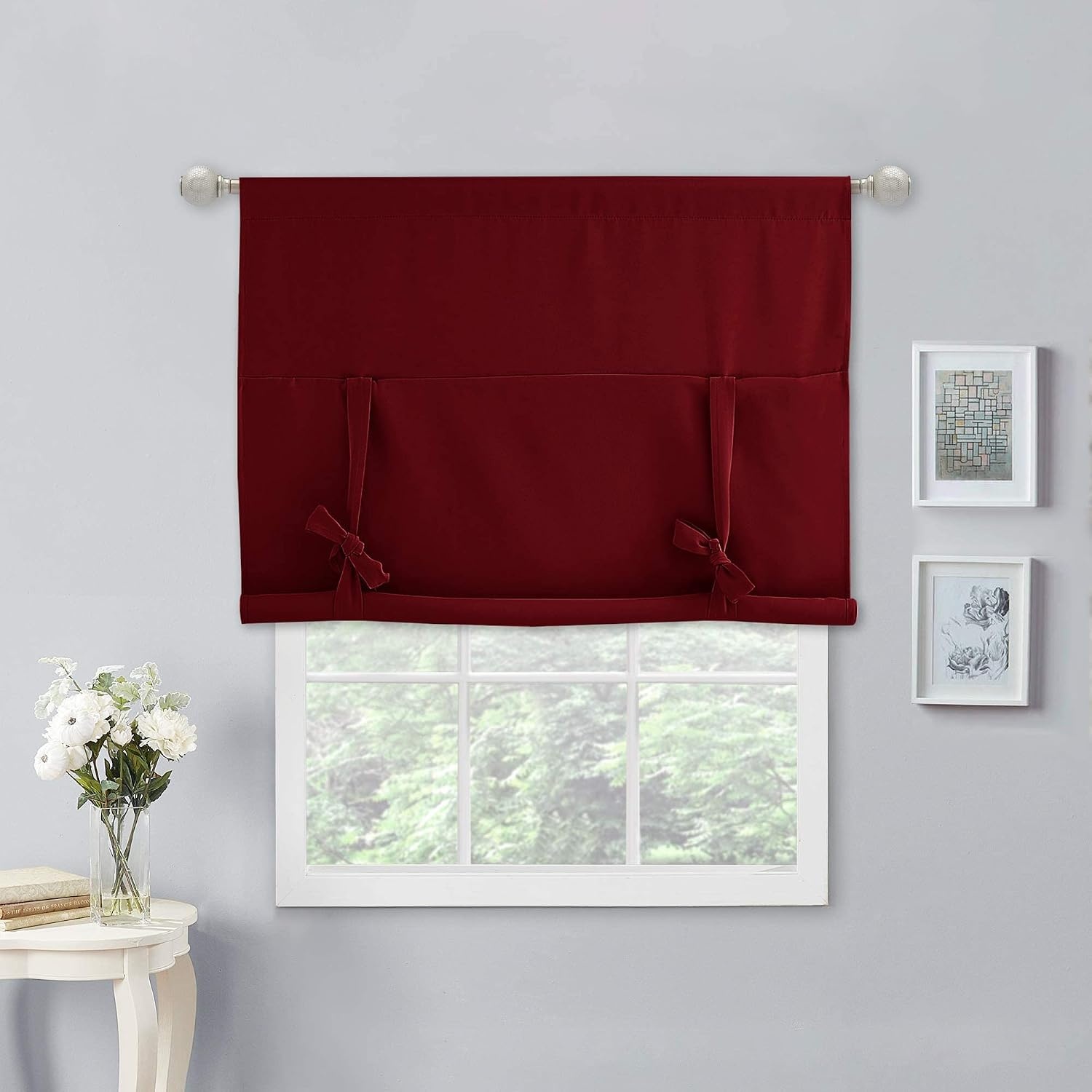 image:imageNICETOWN Thermal Insulated Blackout Short Curtain Bathroom Curtain Gray Tie Up Shade for Small Window Window Valance Balloon Roman Blind Rod Pocket Panel 46 inches W x 63 inches LBurgundy Red