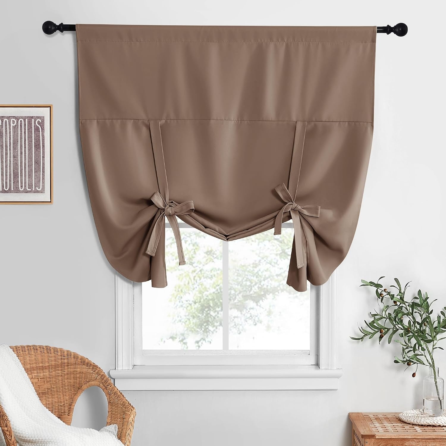 image:imageNICETOWN Thermal Insulated Blackout Short Curtain Bathroom Curtain Gray Tie Up Shade for Small Window Window Valance Balloon Roman Blind Rod Pocket Panel 46 inches W x 63 inches LCappuccino