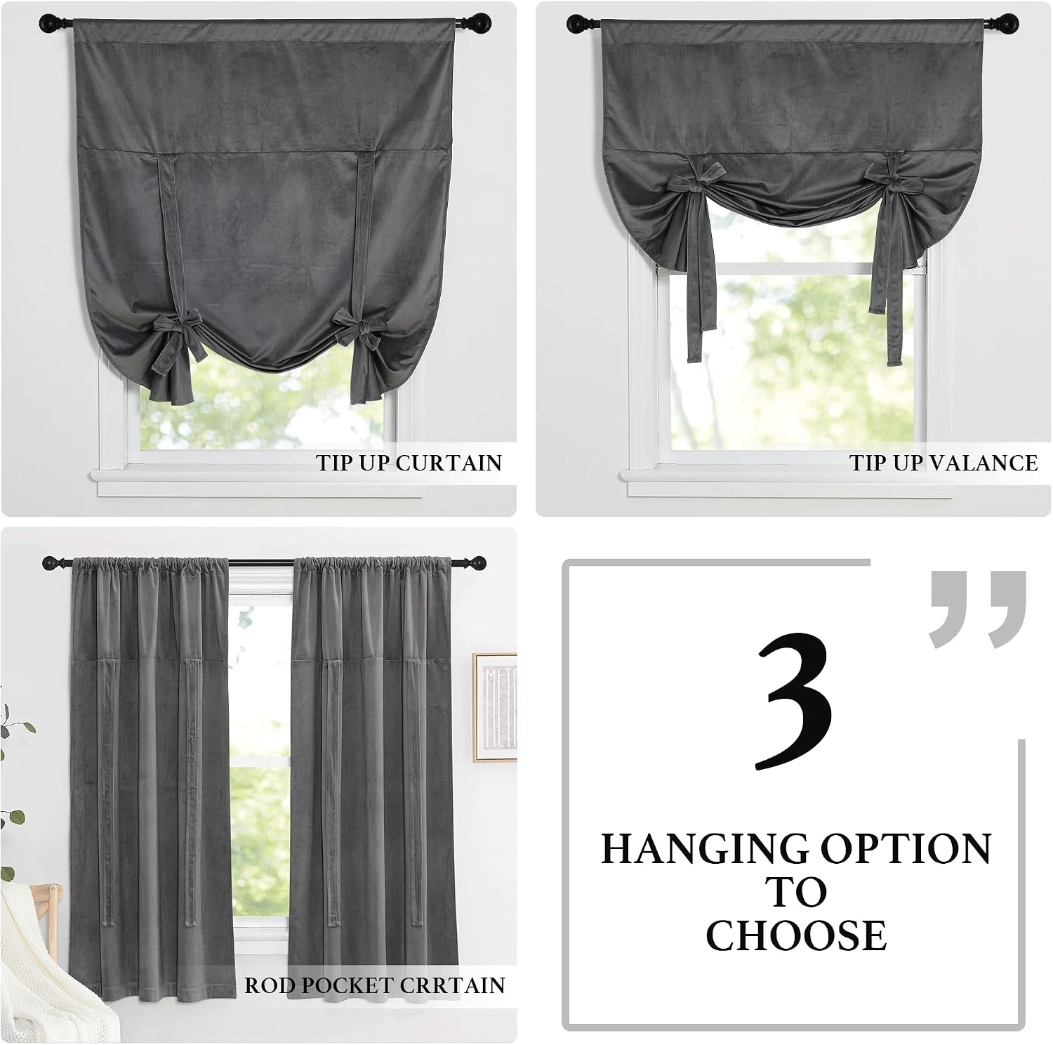 image:imageNICETOWN Thermal Insulated Blackout Short Curtain Bathroom Curtain Gray Tie Up Shade for Small Window Window Valance Balloon Roman Blind Rod Pocket Panel 46 inches W x 63 inches LVelvet Grey