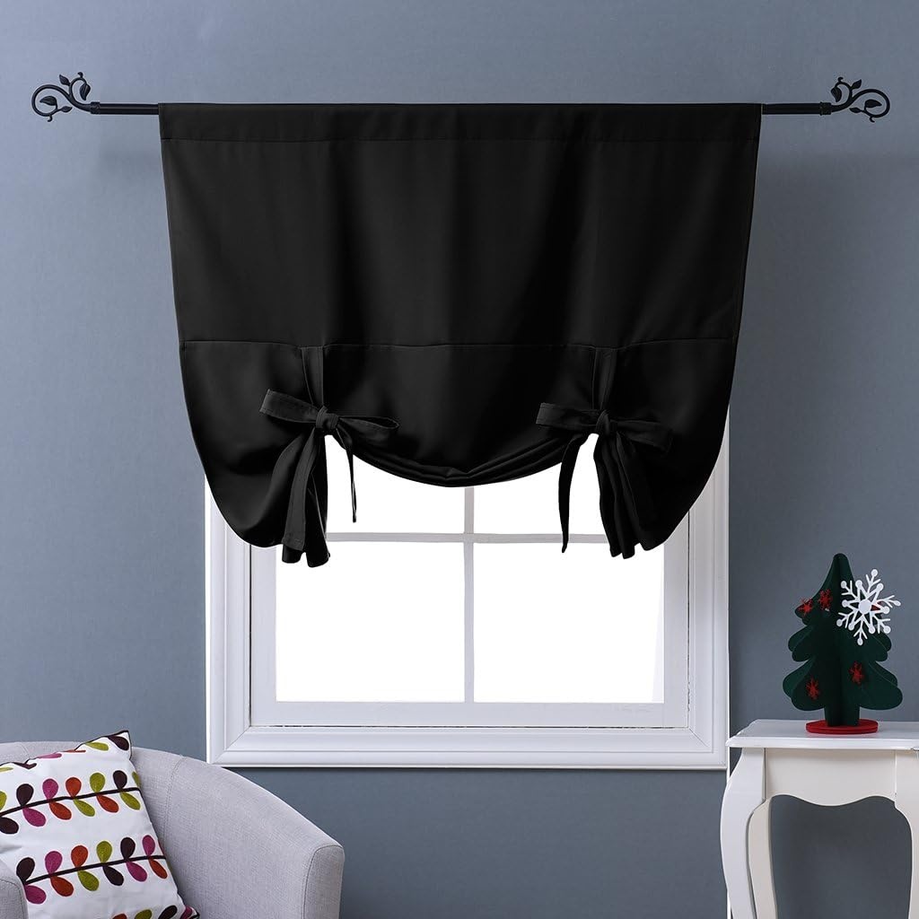 image:imageNICETOWN Thermal Insulated Blackout Short Curtain Bathroom Curtain Gray Tie Up Shade for Small Window Window Valance Balloon Roman Blind Rod Pocket Panel 46 inches W x 63 inches LBlack