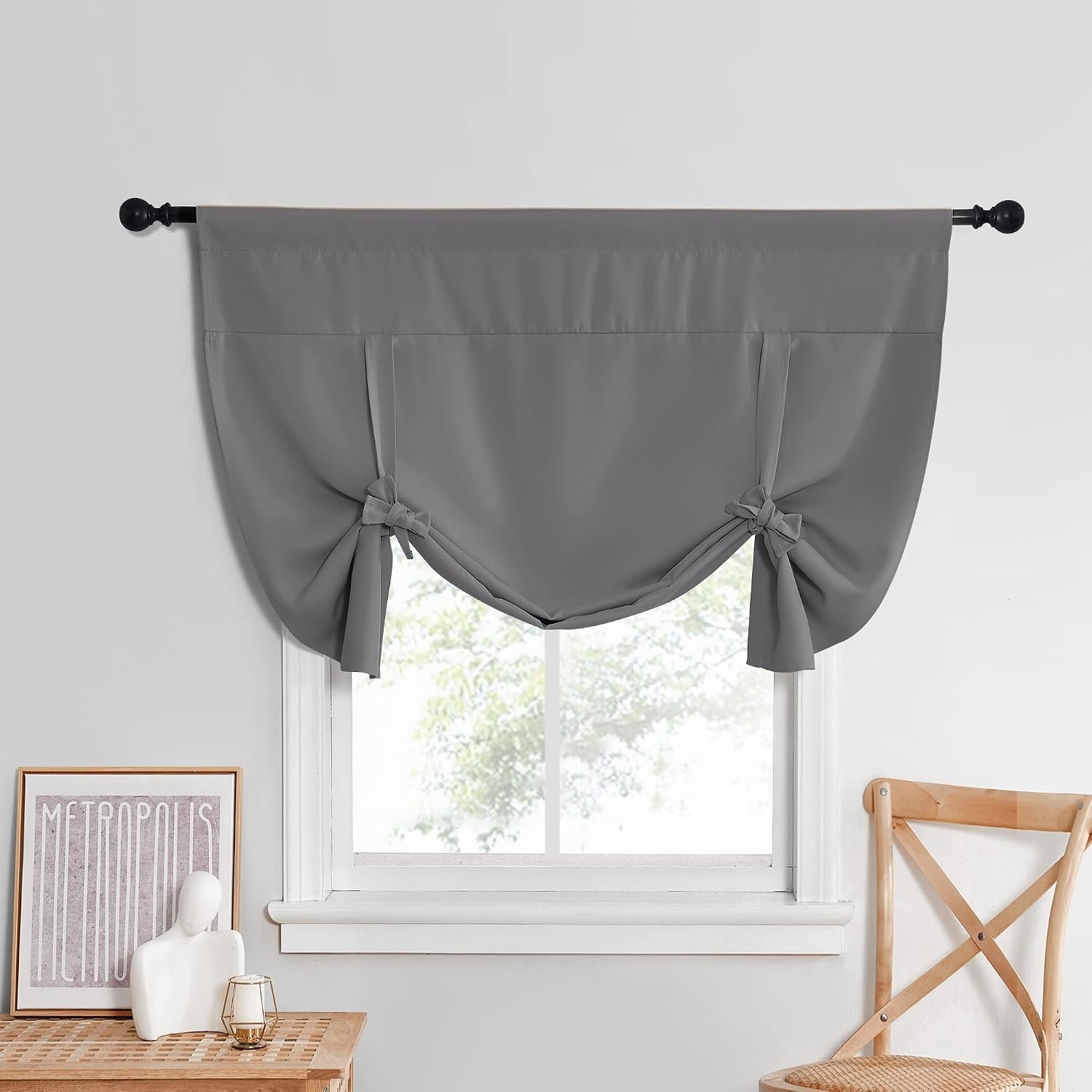 image:imageNICETOWN Thermal Insulated Blackout Short Curtain Bathroom Curtain Gray Tie Up Shade for Small Window Window Valance Balloon Roman Blind Rod Pocket Panel 46 inches W x 63 inches LGrey