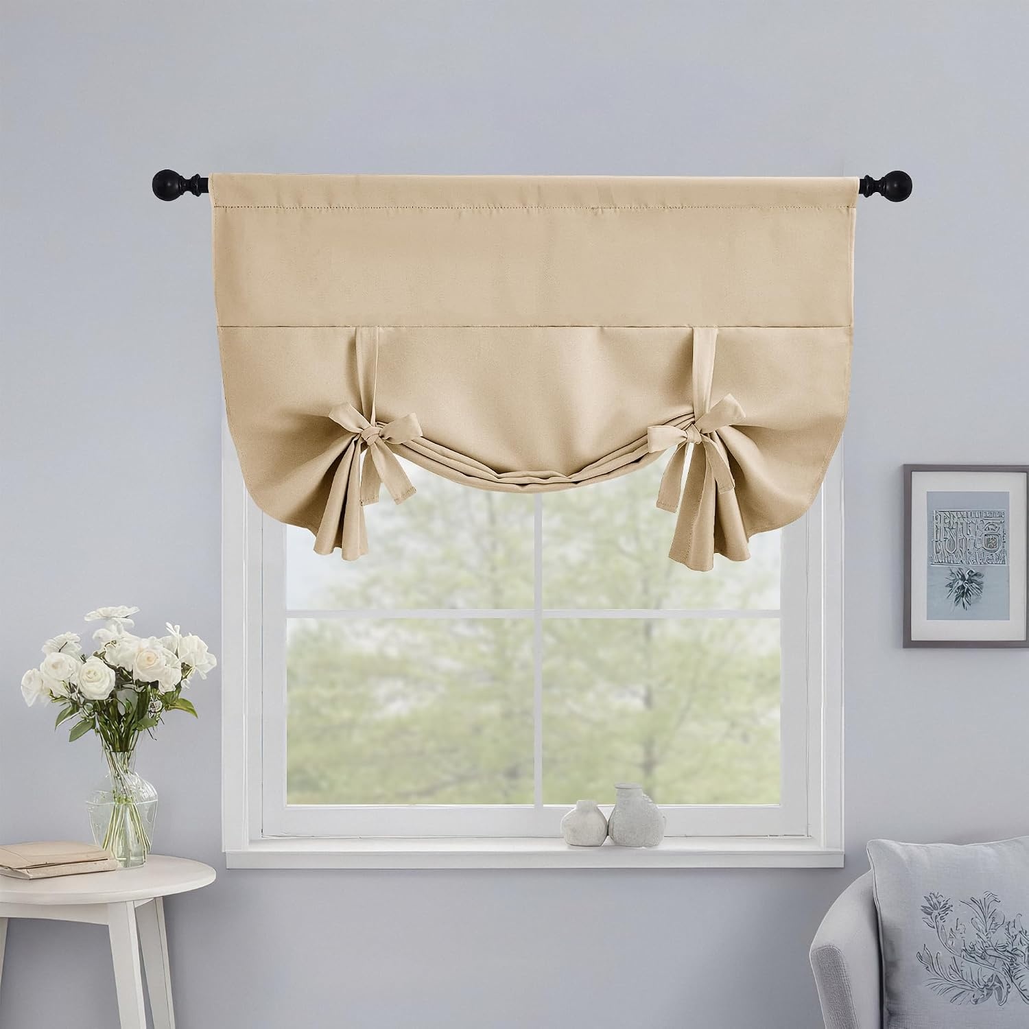 image:imageNICETOWN Thermal Insulated Blackout Short Curtain Bathroom Curtain Gray Tie Up Shade for Small Window Window Valance Balloon Roman Blind Rod Pocket Panel 46 inches W x 63 inches LBiscotti Beige