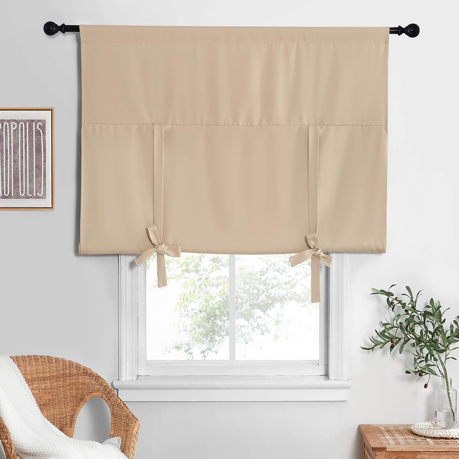image:imageNICETOWN Thermal Insulated Blackout Short Curtain Bathroom Curtain Gray Tie Up Shade for Small Window Window Valance Balloon Roman Blind Rod Pocket Panel 46 inches W x 63 inches LBiscotti Beige