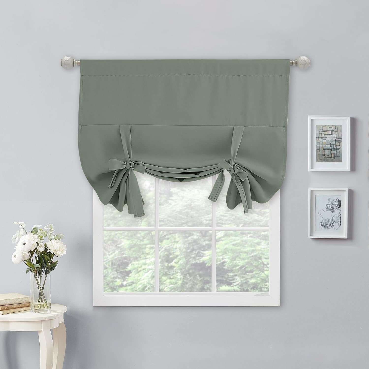 image:imageNICETOWN Thermal Insulated Blackout Short Curtain Bathroom Curtain Gray Tie Up Shade for Small Window Window Valance Balloon Roman Blind Rod Pocket Panel 46 inches W x 63 inches LGreyish Green