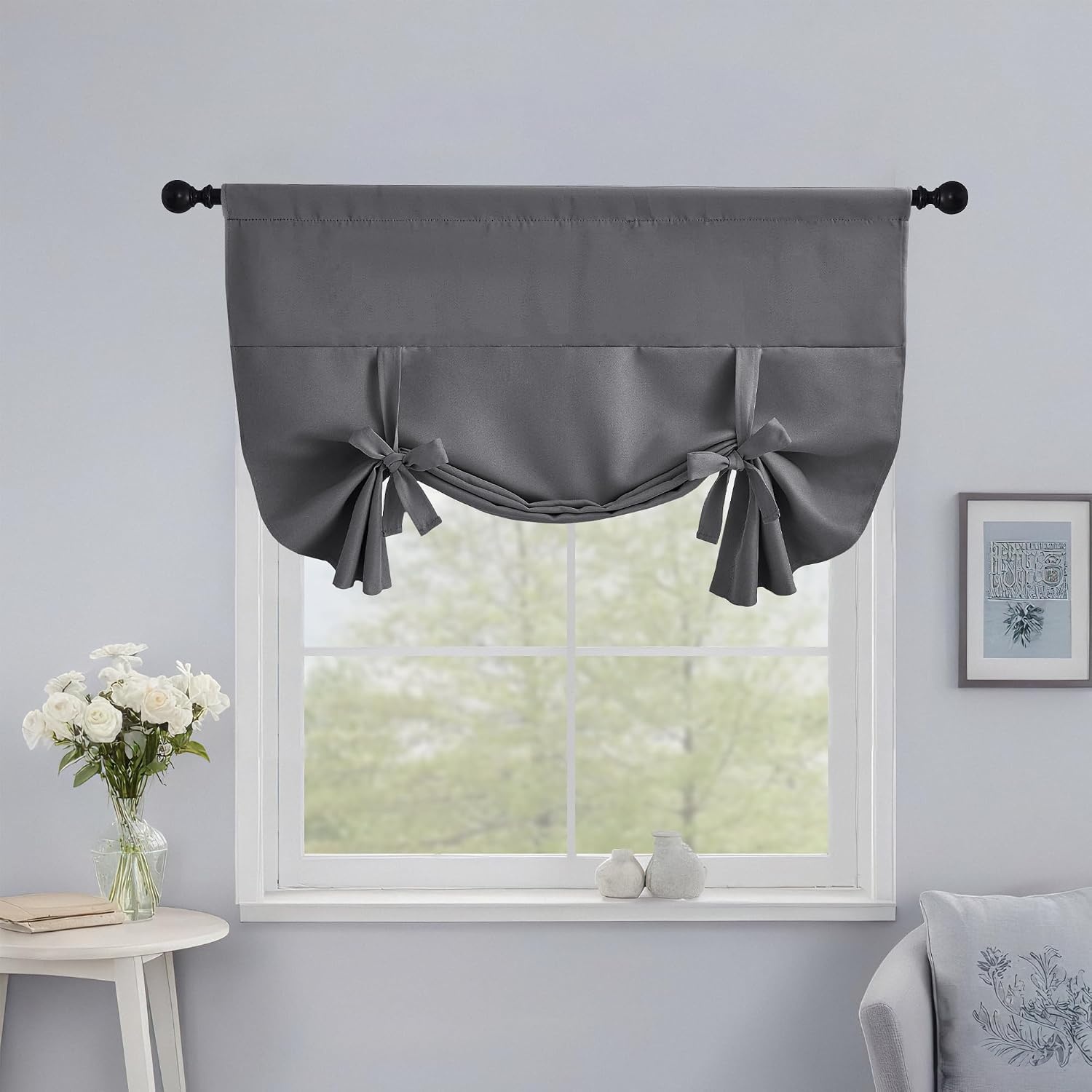 image:imageNICETOWN Thermal Insulated Blackout Short Curtain Bathroom Curtain Gray Tie Up Shade for Small Window Window Valance Balloon Roman Blind Rod Pocket Panel 46 inches W x 63 inches LGrey