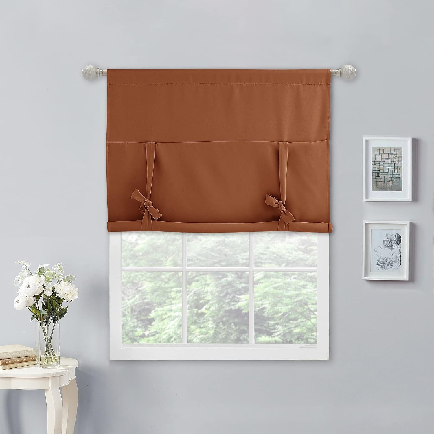 image:imageNICETOWN Thermal Insulated Blackout Short Curtain Bathroom Curtain Gray Tie Up Shade for Small Window Window Valance Balloon Roman Blind Rod Pocket Panel 46 inches W x 63 inches LBurnt Orange