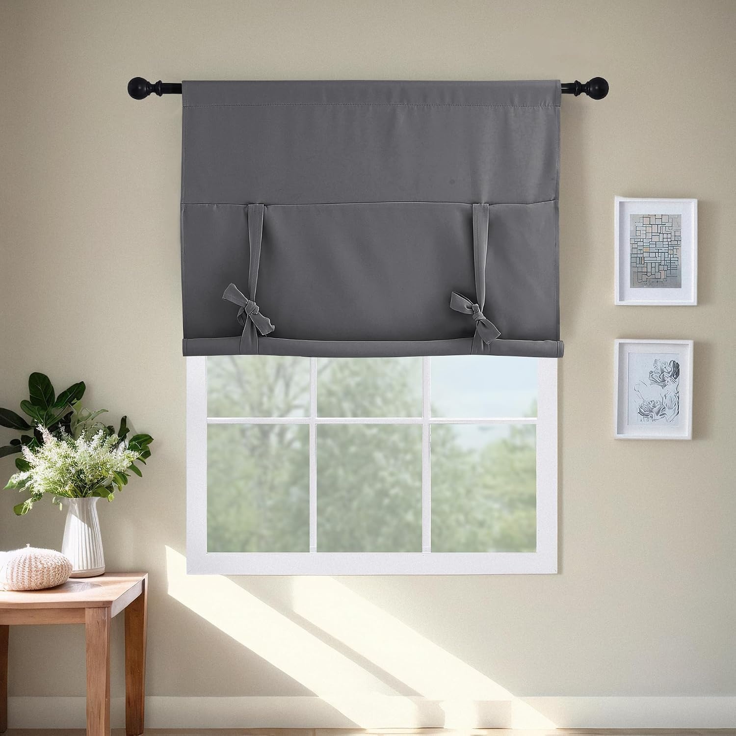 image:imageNICETOWN Thermal Insulated Blackout Short Curtain Bathroom Curtain Gray Tie Up Shade for Small Window Window Valance Balloon Roman Blind Rod Pocket Panel 46 inches W x 63 inches LGrey