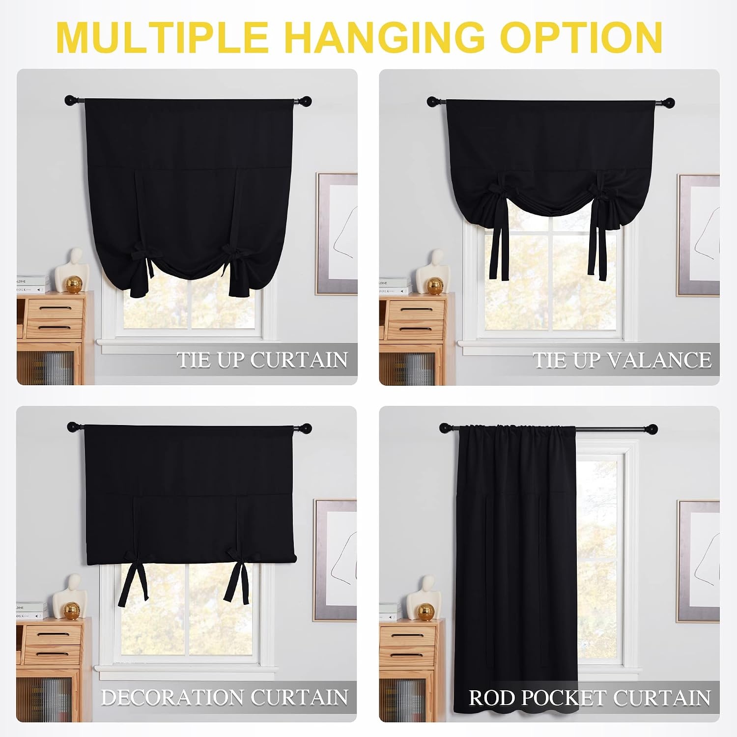 image:imageNICETOWN Thermal Insulated Blackout Short Curtain Bathroom Curtain Gray Tie Up Shade for Small Window Window Valance Balloon Roman Blind Rod Pocket Panel 46 inches W x 63 inches LBlack