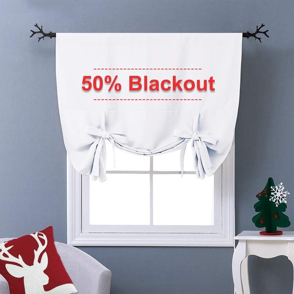 image:imageNICETOWN Thermal Insulated Blackout Short Curtain Bathroom Curtain Gray Tie Up Shade for Small Window Window Valance Balloon Roman Blind Rod Pocket Panel 46 inches W x 63 inches LPure White