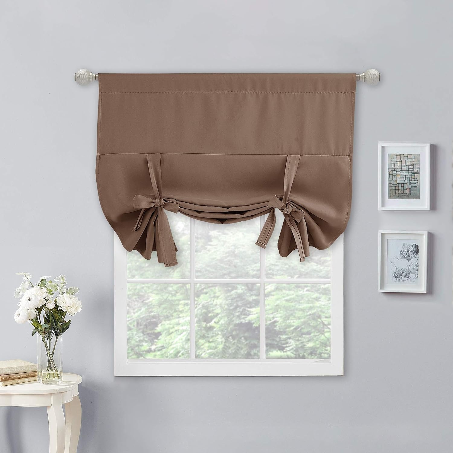 image:imageNICETOWN Thermal Insulated Blackout Short Curtain Bathroom Curtain Gray Tie Up Shade for Small Window Window Valance Balloon Roman Blind Rod Pocket Panel 46 inches W x 63 inches LCappuccino