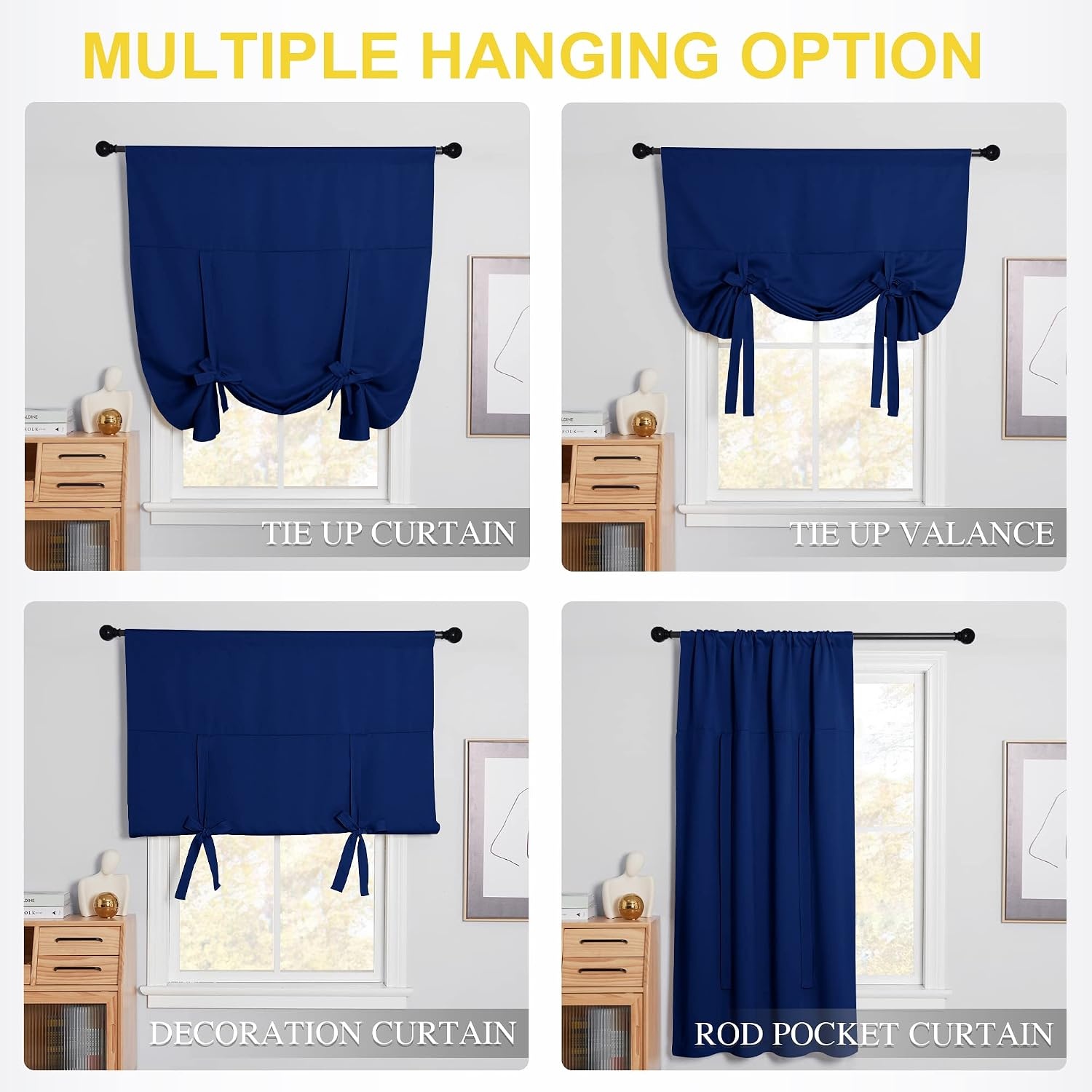 image:imageNICETOWN Thermal Insulated Blackout Short Curtain Bathroom Curtain Gray Tie Up Shade for Small Window Window Valance Balloon Roman Blind Rod Pocket Panel 46 inches W x 63 inches LNavy Blue
