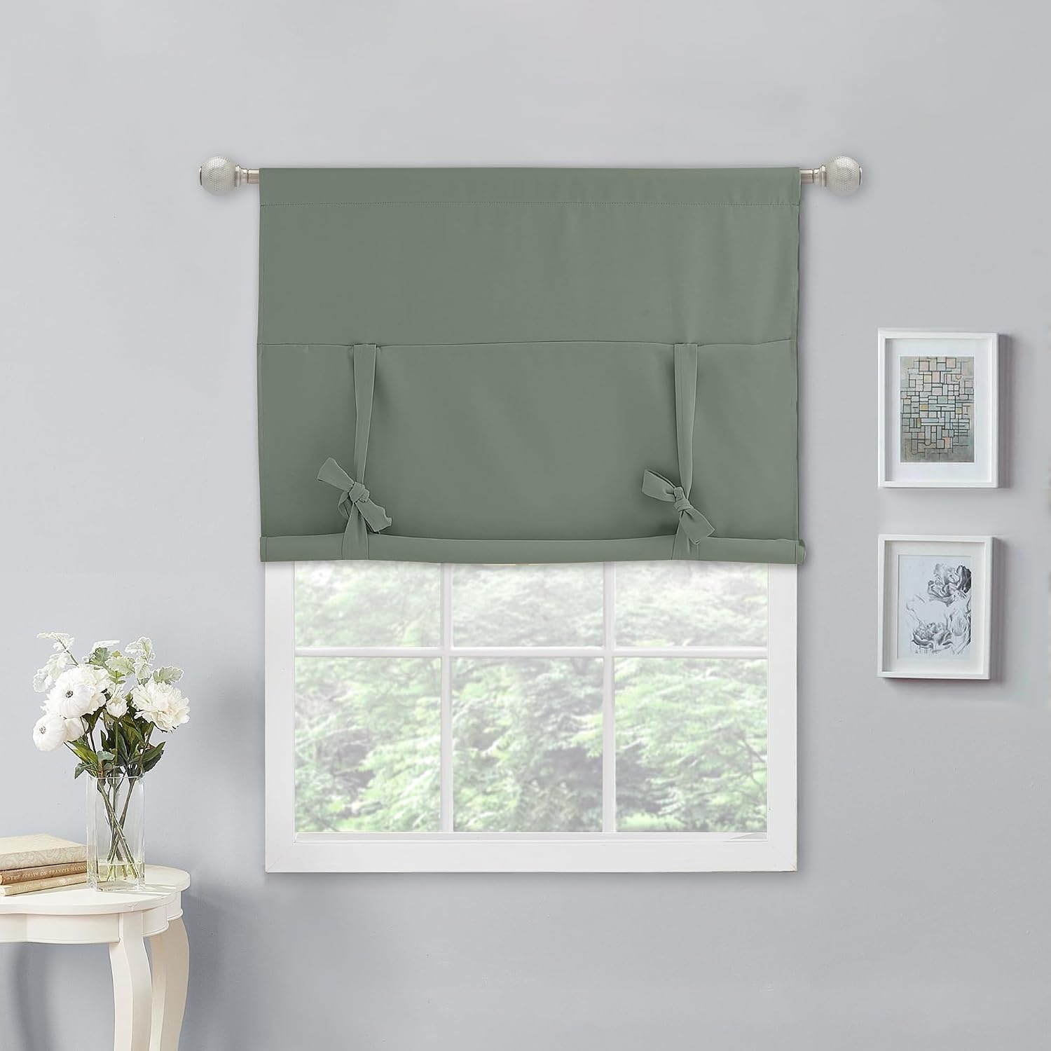 image:imageNICETOWN Thermal Insulated Blackout Short Curtain Bathroom Curtain Gray Tie Up Shade for Small Window Window Valance Balloon Roman Blind Rod Pocket Panel 46 inches W x 63 inches LGreyish Green