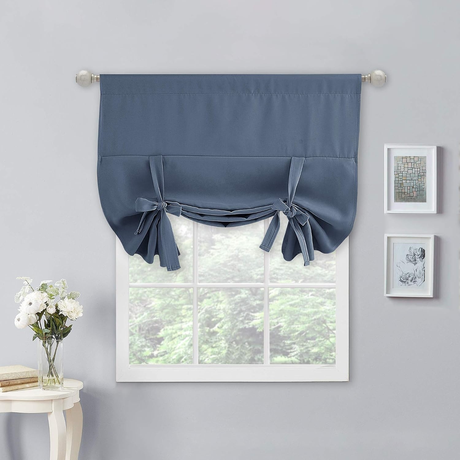 image:imageNICETOWN Thermal Insulated Blackout Short Curtain Bathroom Curtain Gray Tie Up Shade for Small Window Window Valance Balloon Roman Blind Rod Pocket Panel 46 inches W x 63 inches LStone Blue