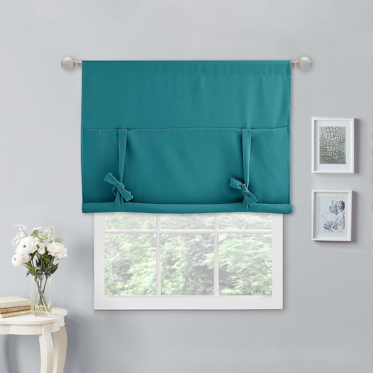 image:imageNICETOWN Thermal Insulated Blackout Short Curtain Bathroom Curtain Gray Tie Up Shade for Small Window Window Valance Balloon Roman Blind Rod Pocket Panel 46 inches W x 63 inches LPeacock Teal