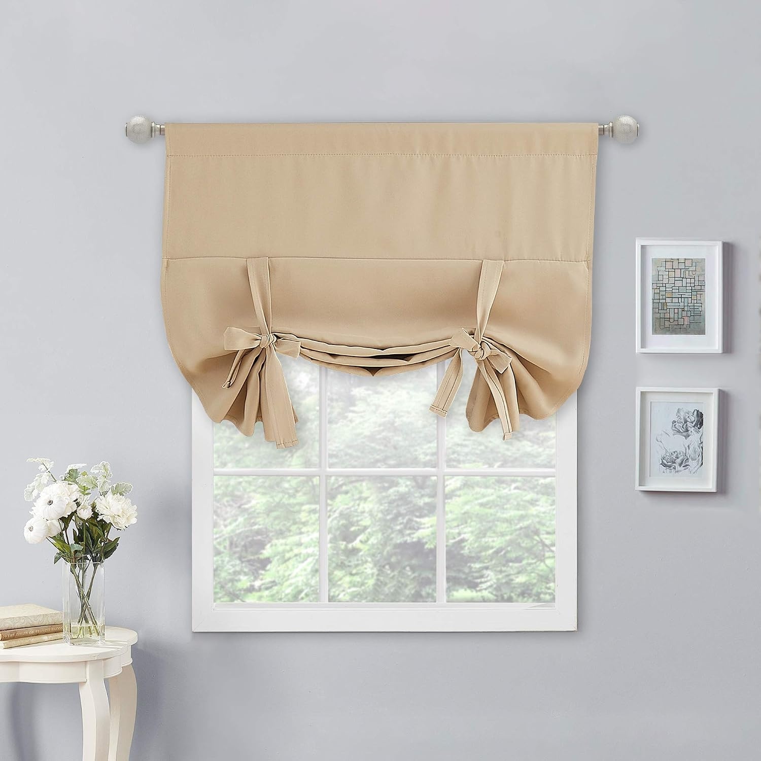 image:imageNICETOWN Thermal Insulated Blackout Short Curtain Bathroom Curtain Gray Tie Up Shade for Small Window Window Valance Balloon Roman Blind Rod Pocket Panel 46 inches W x 63 inches LBiscotti Beige