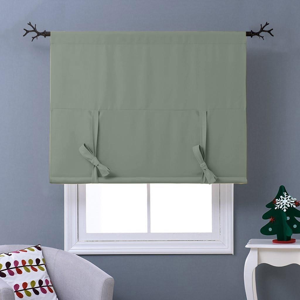 image:imageNICETOWN Thermal Insulated Blackout Short Curtain Bathroom Curtain Gray Tie Up Shade for Small Window Window Valance Balloon Roman Blind Rod Pocket Panel 46 inches W x 63 inches LGreyish Green