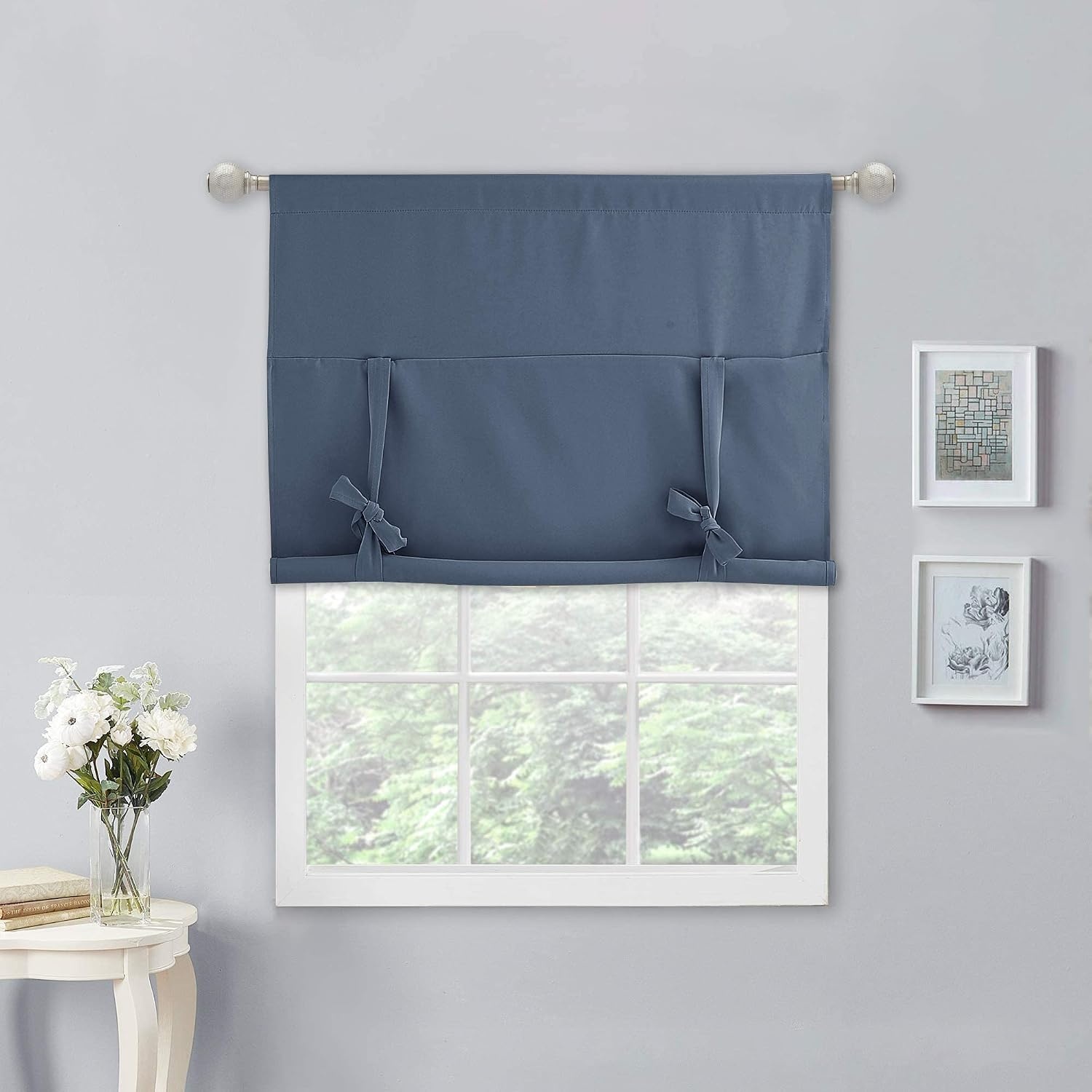 image:imageNICETOWN Thermal Insulated Blackout Short Curtain Bathroom Curtain Gray Tie Up Shade for Small Window Window Valance Balloon Roman Blind Rod Pocket Panel 46 inches W x 63 inches LStone Blue