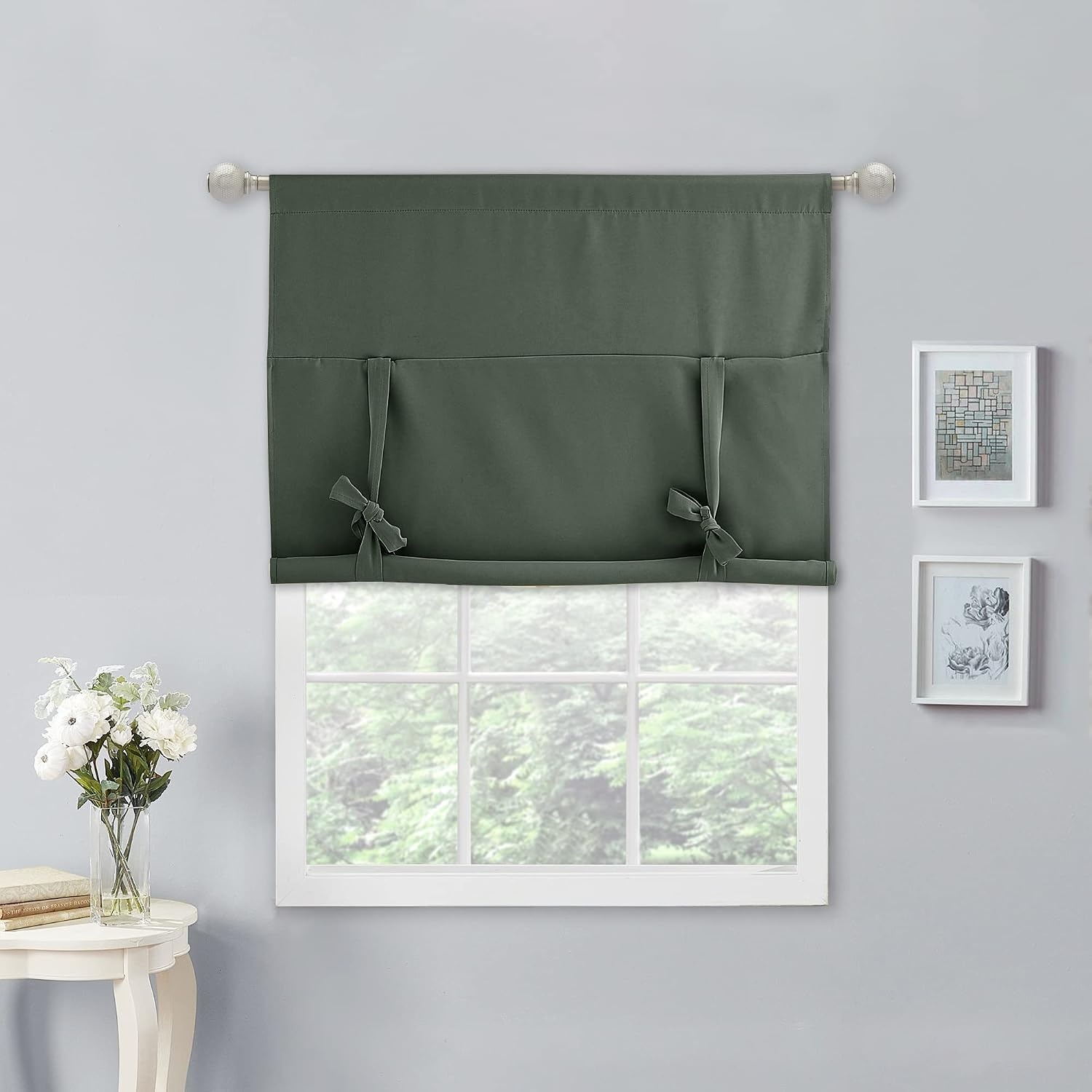 image:imageNICETOWN Thermal Insulated Blackout Short Curtain Bathroom Curtain Gray Tie Up Shade for Small Window Window Valance Balloon Roman Blind Rod Pocket Panel 46 inches W x 63 inches LDark Mallard
