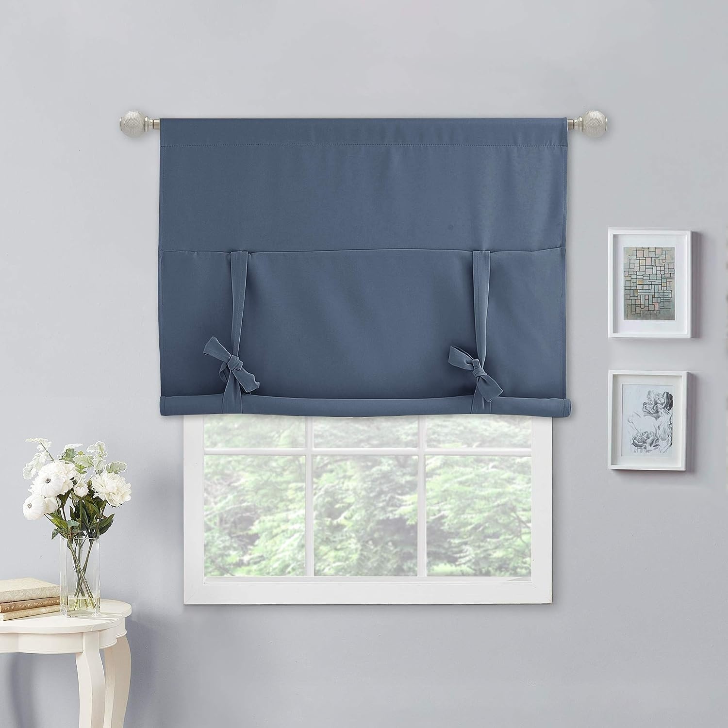 image:imageNICETOWN Thermal Insulated Blackout Short Curtain Bathroom Curtain Gray Tie Up Shade for Small Window Window Valance Balloon Roman Blind Rod Pocket Panel 46 inches W x 63 inches LStone Blue