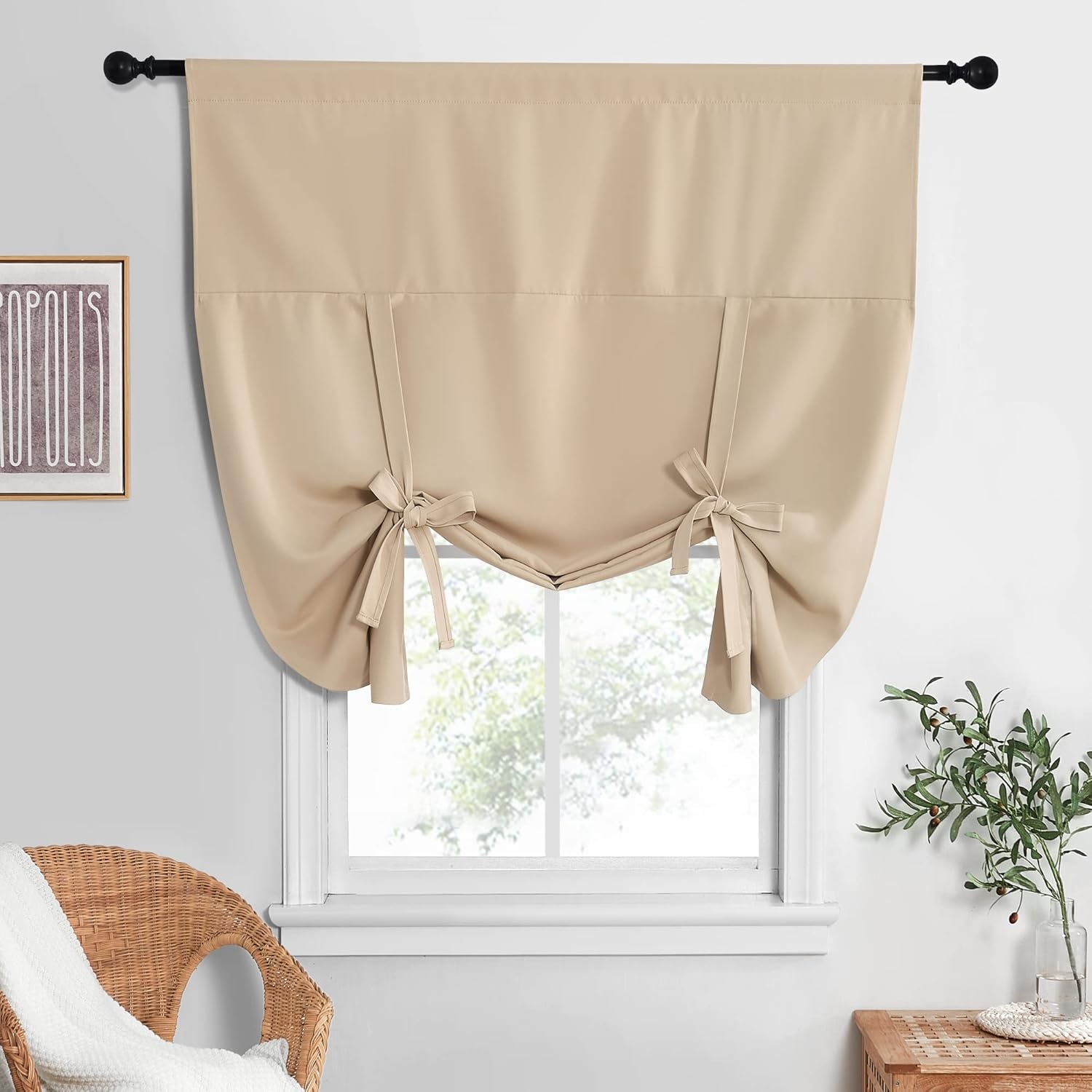 image:imageNICETOWN Thermal Insulated Blackout Short Curtain Bathroom Curtain Gray Tie Up Shade for Small Window Window Valance Balloon Roman Blind Rod Pocket Panel 46 inches W x 63 inches LBiscotti Beige