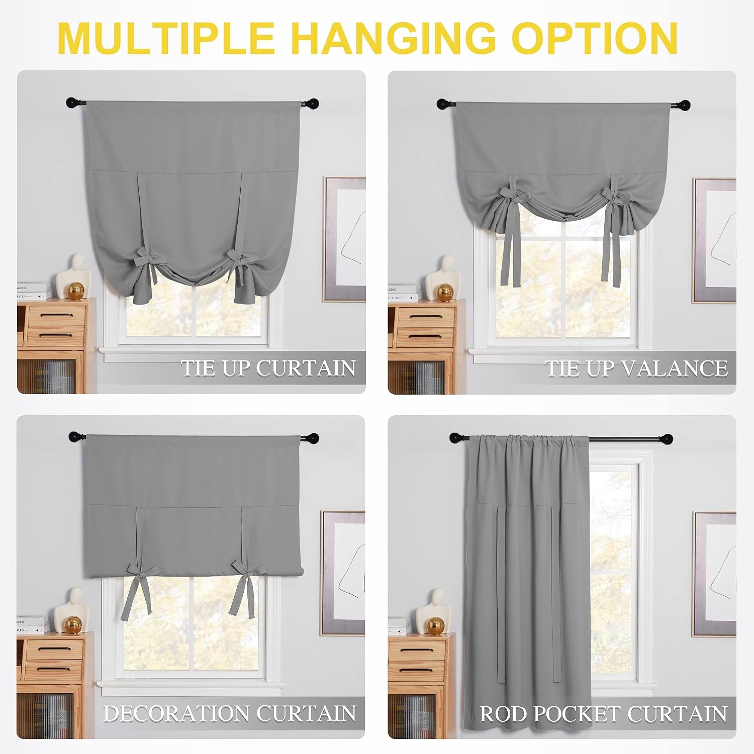 image:imageNICETOWN Thermal Insulated Blackout Short Curtain Bathroom Curtain Gray Tie Up Shade for Small Window Window Valance Balloon Roman Blind Rod Pocket Panel 46 inches W x 63 inches LSilver Grey