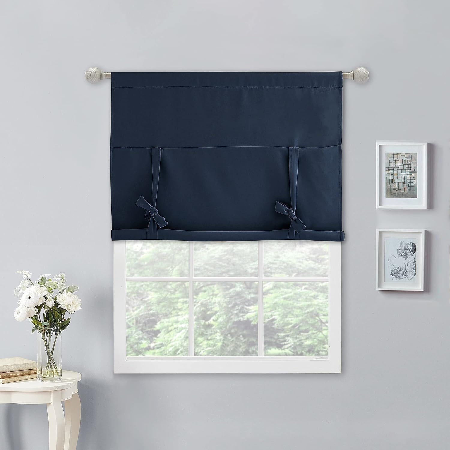 image:imageNICETOWN Thermal Insulated Blackout Short Curtain Bathroom Curtain Gray Tie Up Shade for Small Window Window Valance Balloon Roman Blind Rod Pocket Panel 46 inches W x 63 inches LNavy Blue