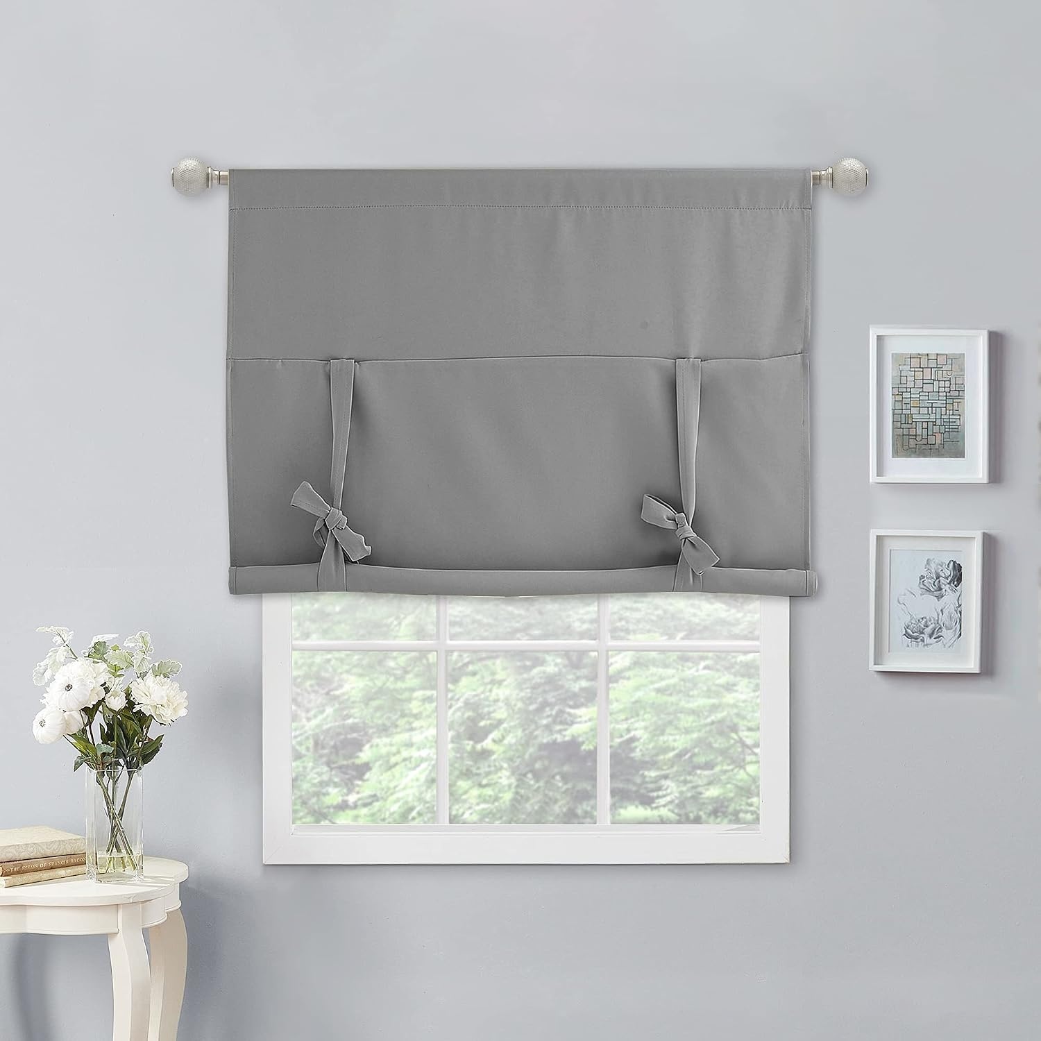 image:imageNICETOWN Thermal Insulated Blackout Short Curtain Bathroom Curtain Gray Tie Up Shade for Small Window Window Valance Balloon Roman Blind Rod Pocket Panel 46 inches W x 63 inches LSilver Grey