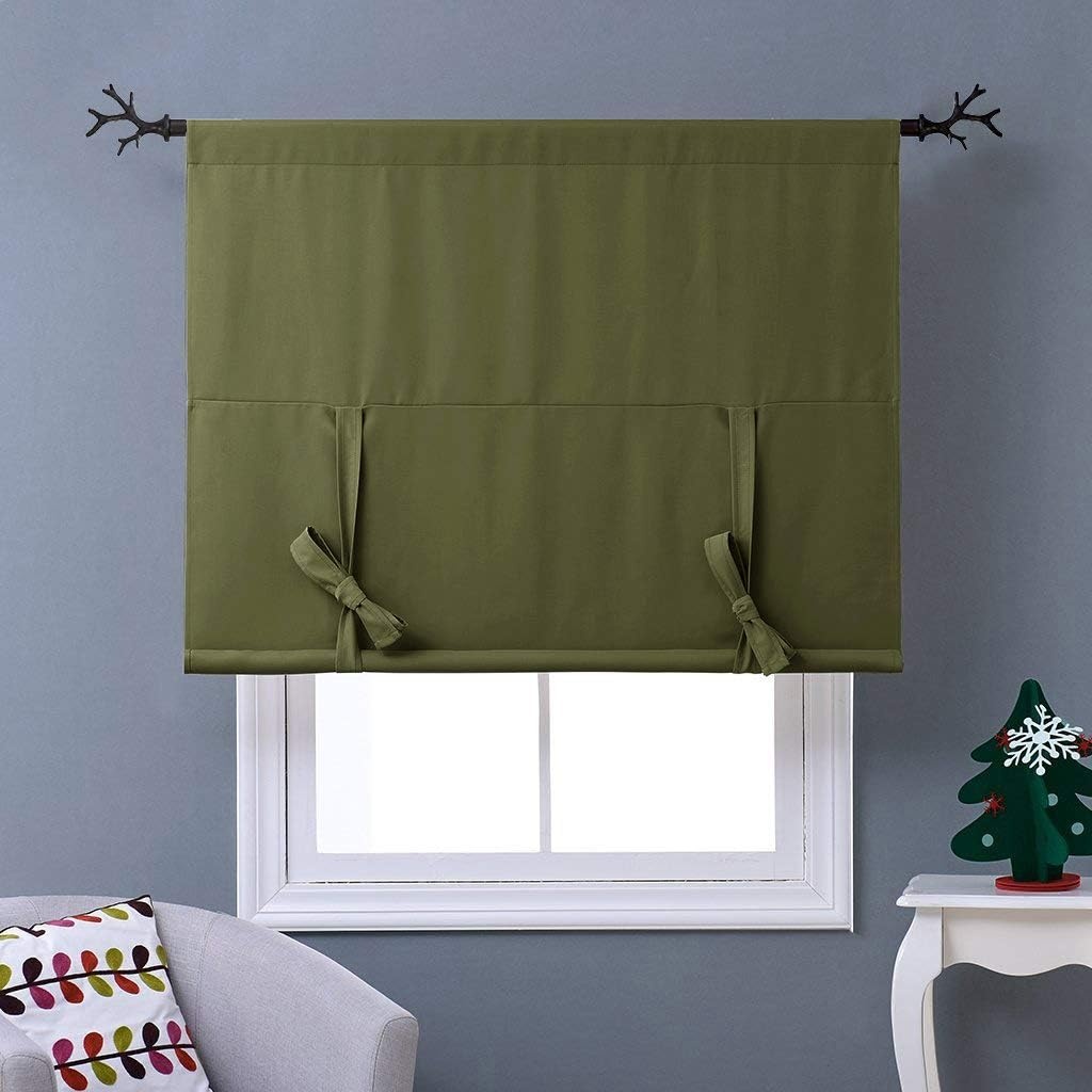 image:imageNICETOWN Thermal Insulated Blackout Short Curtain Bathroom Curtain Gray Tie Up Shade for Small Window Window Valance Balloon Roman Blind Rod Pocket Panel 46 inches W x 63 inches LOlive Green