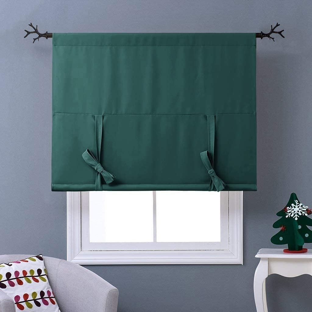 image:imageNICETOWN Thermal Insulated Blackout Short Curtain Bathroom Curtain Gray Tie Up Shade for Small Window Window Valance Balloon Roman Blind Rod Pocket Panel 46 inches W x 63 inches LHunter Green