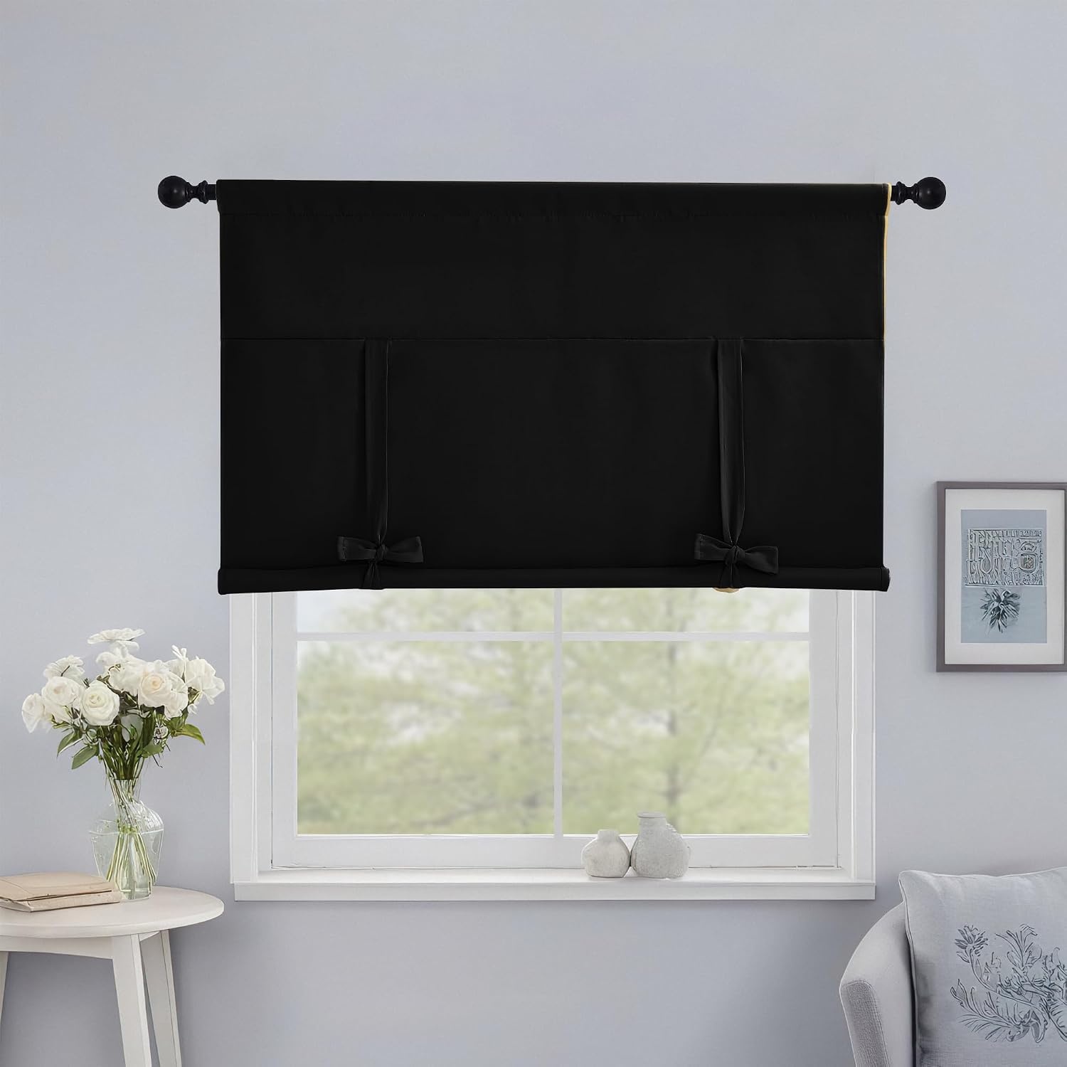 image:imageNICETOWN Thermal Insulated Blackout Short Curtain Bathroom Curtain Gray Tie Up Shade for Small Window Window Valance Balloon Roman Blind Rod Pocket Panel 46 inches W x 63 inches LBlack