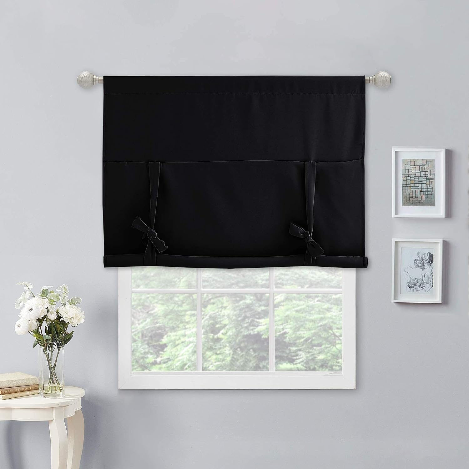 image:imageNICETOWN Thermal Insulated Blackout Short Curtain Bathroom Curtain Gray Tie Up Shade for Small Window Window Valance Balloon Roman Blind Rod Pocket Panel 46 inches W x 63 inches LBlack