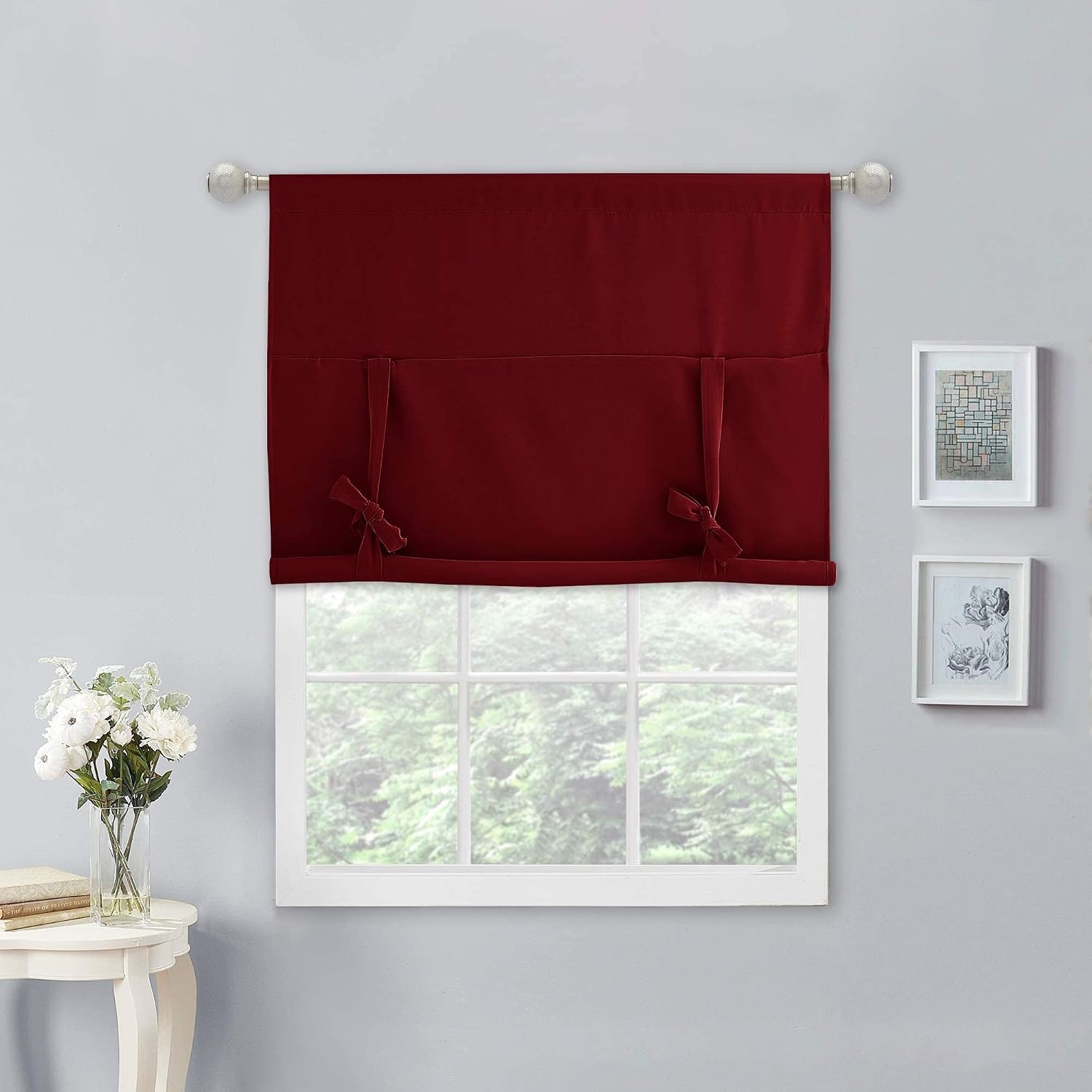 image:imageNICETOWN Thermal Insulated Blackout Short Curtain Bathroom Curtain Gray Tie Up Shade for Small Window Window Valance Balloon Roman Blind Rod Pocket Panel 46 inches W x 63 inches LBurgundy Red