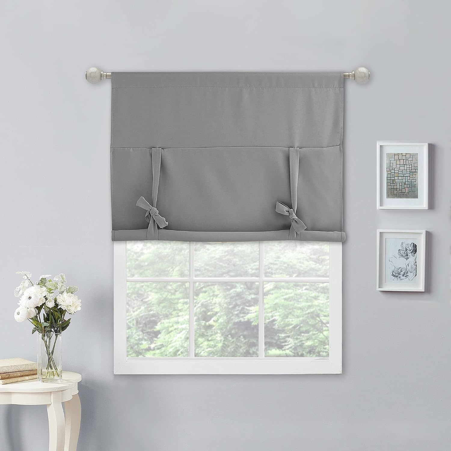 image:imageNICETOWN Thermal Insulated Blackout Short Curtain Bathroom Curtain Gray Tie Up Shade for Small Window Window Valance Balloon Roman Blind Rod Pocket Panel 46 inches W x 63 inches LSilver Grey