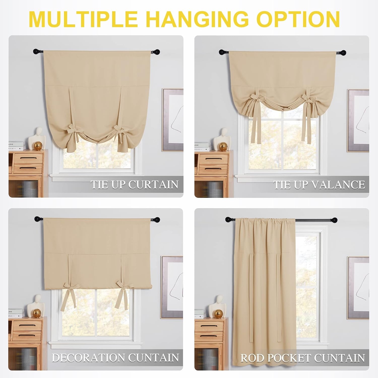 image:imageNICETOWN Thermal Insulated Blackout Short Curtain Bathroom Curtain Gray Tie Up Shade for Small Window Window Valance Balloon Roman Blind Rod Pocket Panel 46 inches W x 63 inches LBiscotti Beige
