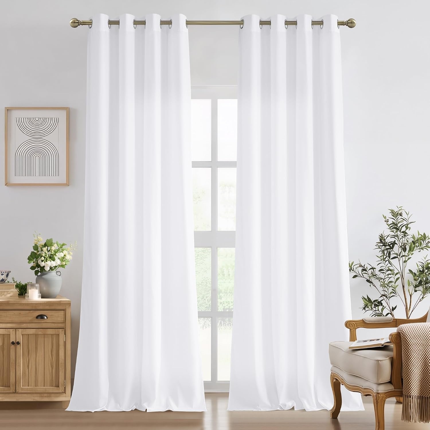 image:imageNICETOWN White NonSeeThrough Light Filtering Curtains Semi Sheer Privacy Grommet Drapes 108 Inches Long 2 Panels Cat Proof Window Curtains for Living Room Bedroom Home Decor 42 WWhite