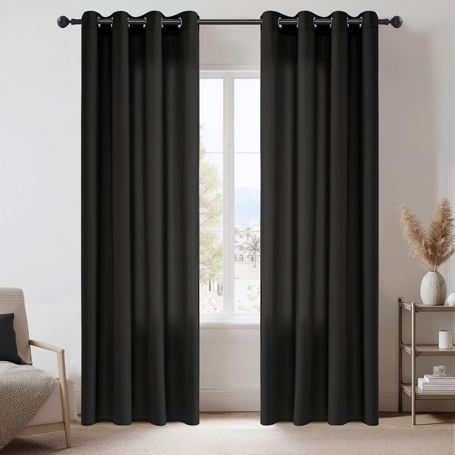 image:imageNICETOWN White NonSeeThrough Light Filtering Curtains Semi Sheer Privacy Grommet Drapes 108 Inches Long 2 Panels Cat Proof Window Curtains for Living Room Bedroom Home Decor 42 WBlack
