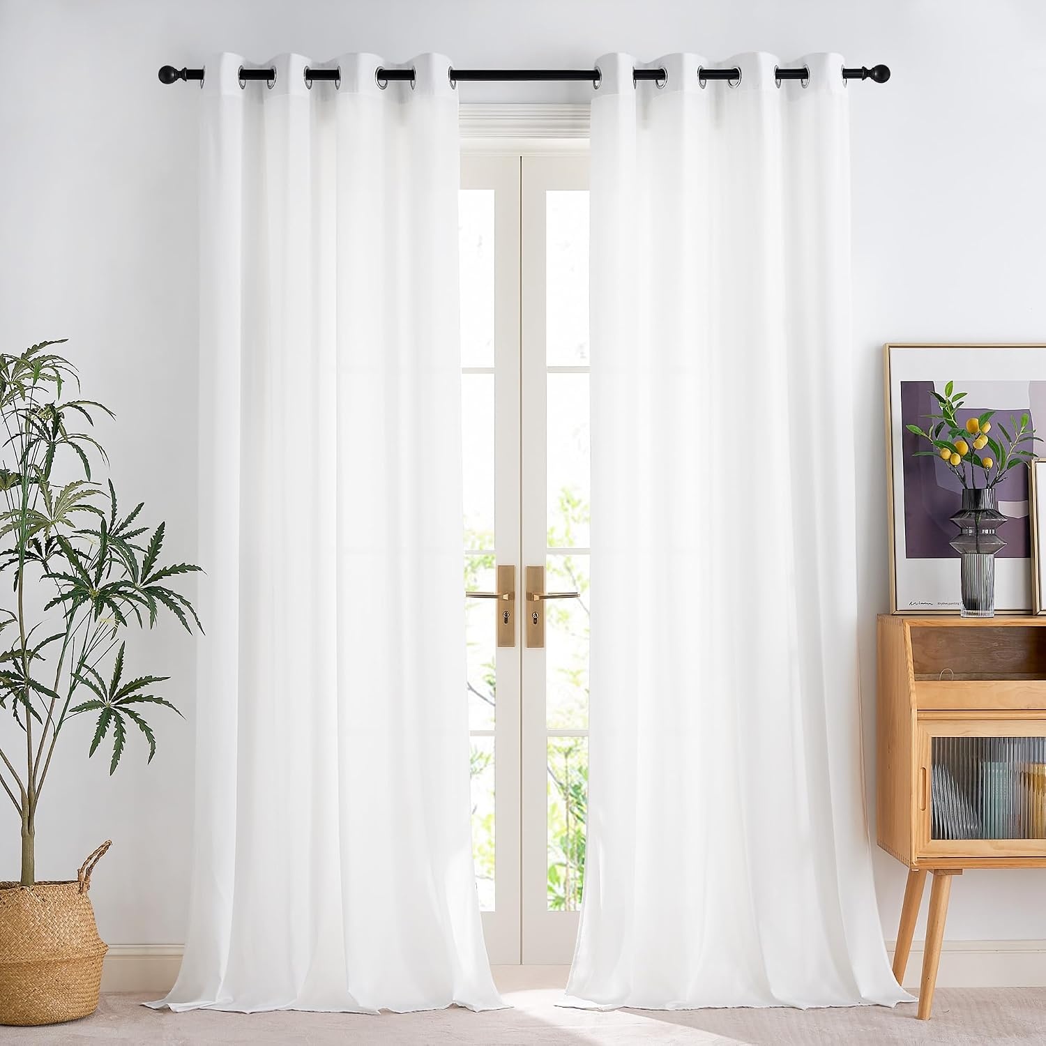 image:imageNICETOWN White NonSeeThrough Light Filtering Curtains Semi Sheer Privacy Grommet Drapes 108 Inches Long 2 Panels Cat Proof Window Curtains for Living Room Bedroom Home Decor 42 WOff White
