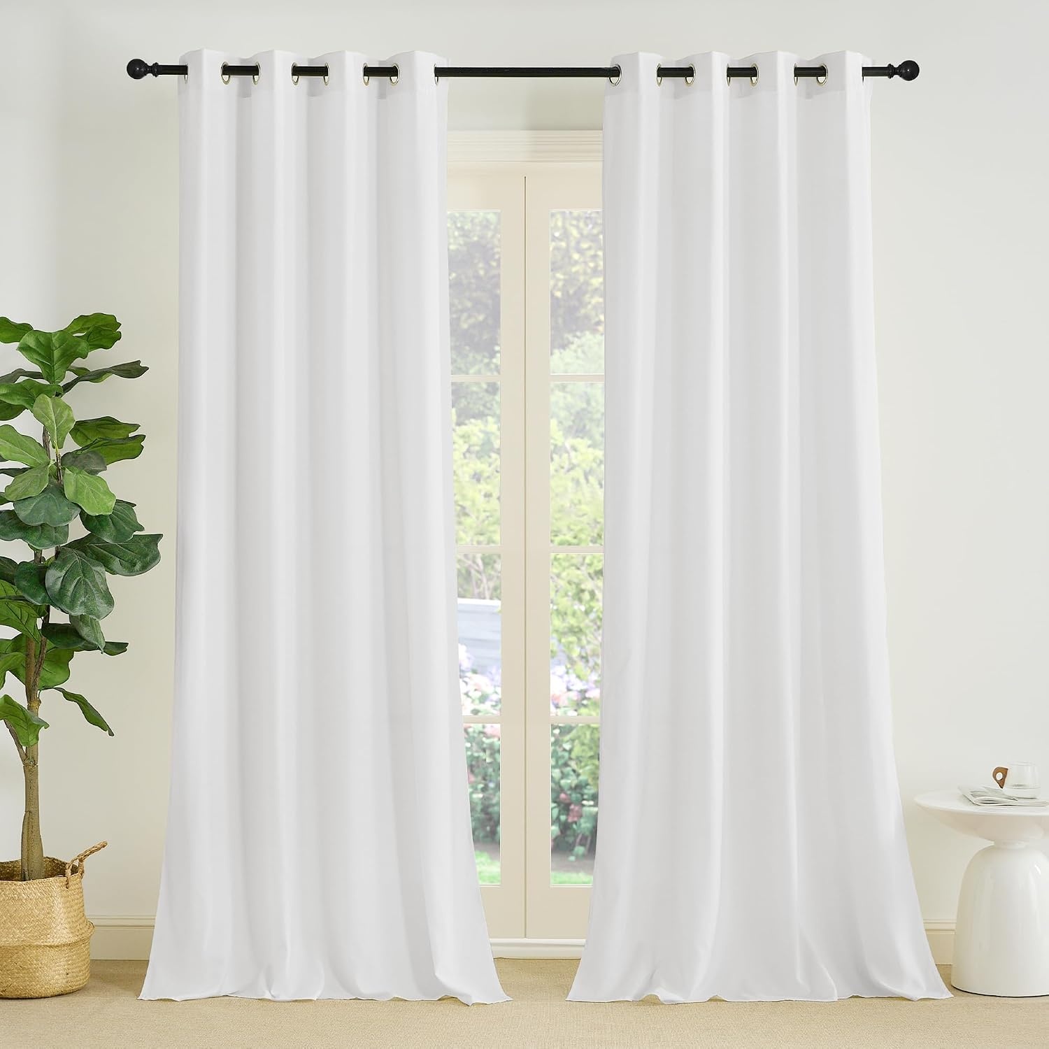 image:imageNICETOWN White NonSeeThrough Light Filtering Curtains Semi Sheer Privacy Grommet Drapes 108 Inches Long 2 Panels Cat Proof Window Curtains for Living Room Bedroom Home Decor 42 WOff White