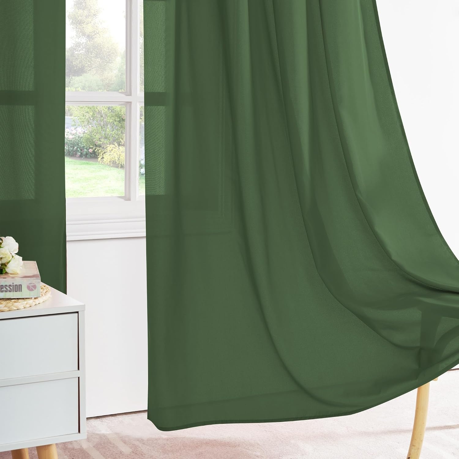 image:imageNICETOWN White NonSeeThrough Light Filtering Curtains Semi Sheer Privacy Grommet Drapes 108 Inches Long 2 Panels Cat Proof Window Curtains for Living Room Bedroom Home Decor 42 WDark Green